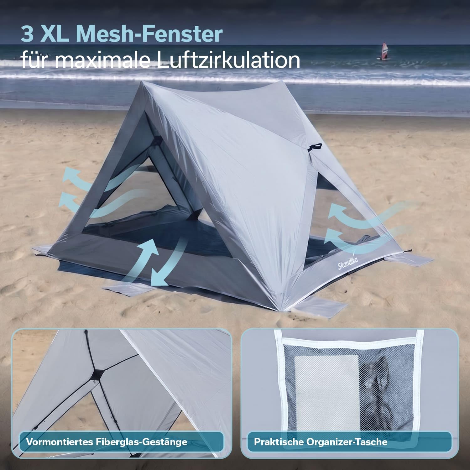 Skandika Strandmuschel Selka Quick-Start | Strandzelt Ultraleicht, UV-Schutz 80+, Windschutz, Sonnenschutz, Sichtschutz, Quick-Up, Sandheringe | Strand Zelt groß, kompakt, für Familie, Kinder
