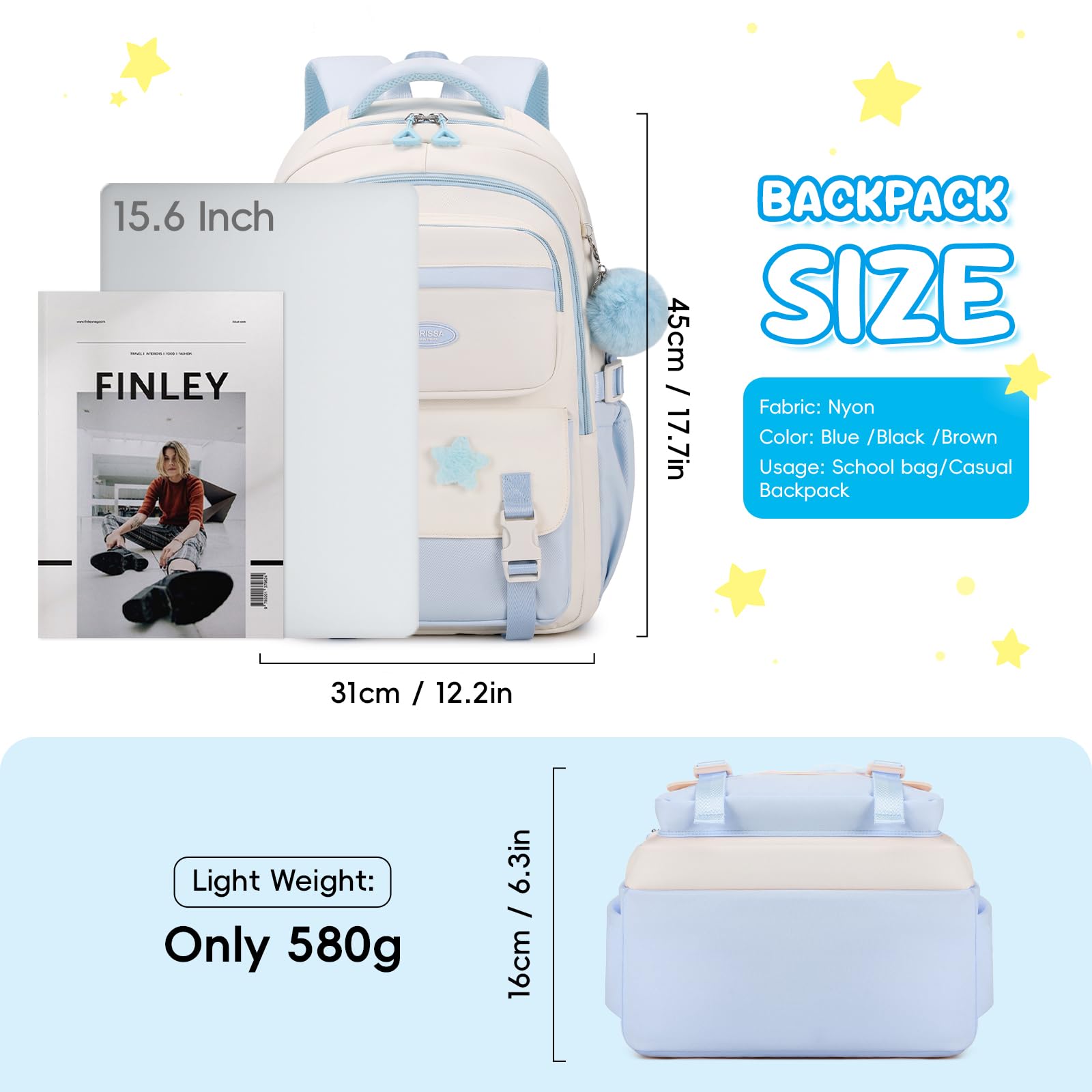 Amythe Cartable Fille Primaire CE2 CM1 CM2, Convient aux Chariot, Bleu | Sac à Dos pour Enfant 9 à 16 Ans, Cartable Filles Collège, Kawaii Décontracté Grande Léger et Imperméable, Rentrée scolaire