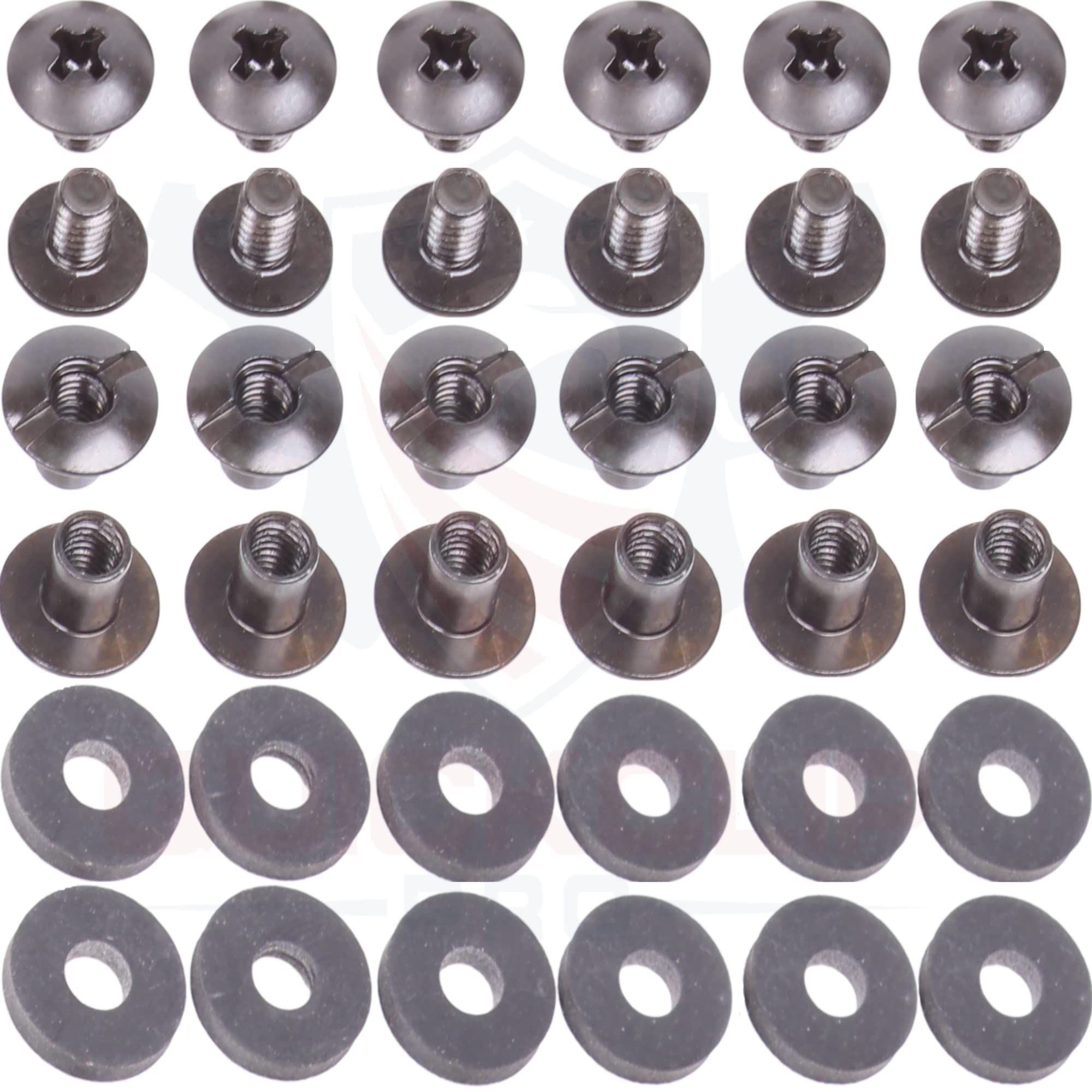Black Chicago Screws 12 Sets - for DIY Kydex Leather Gun Holsters/Clips & Knife Sheaths, 1/4 Inch, Phillips Truss Heads + Open Slotted Binding Post Fasteners + Rubber Washers/Spacers