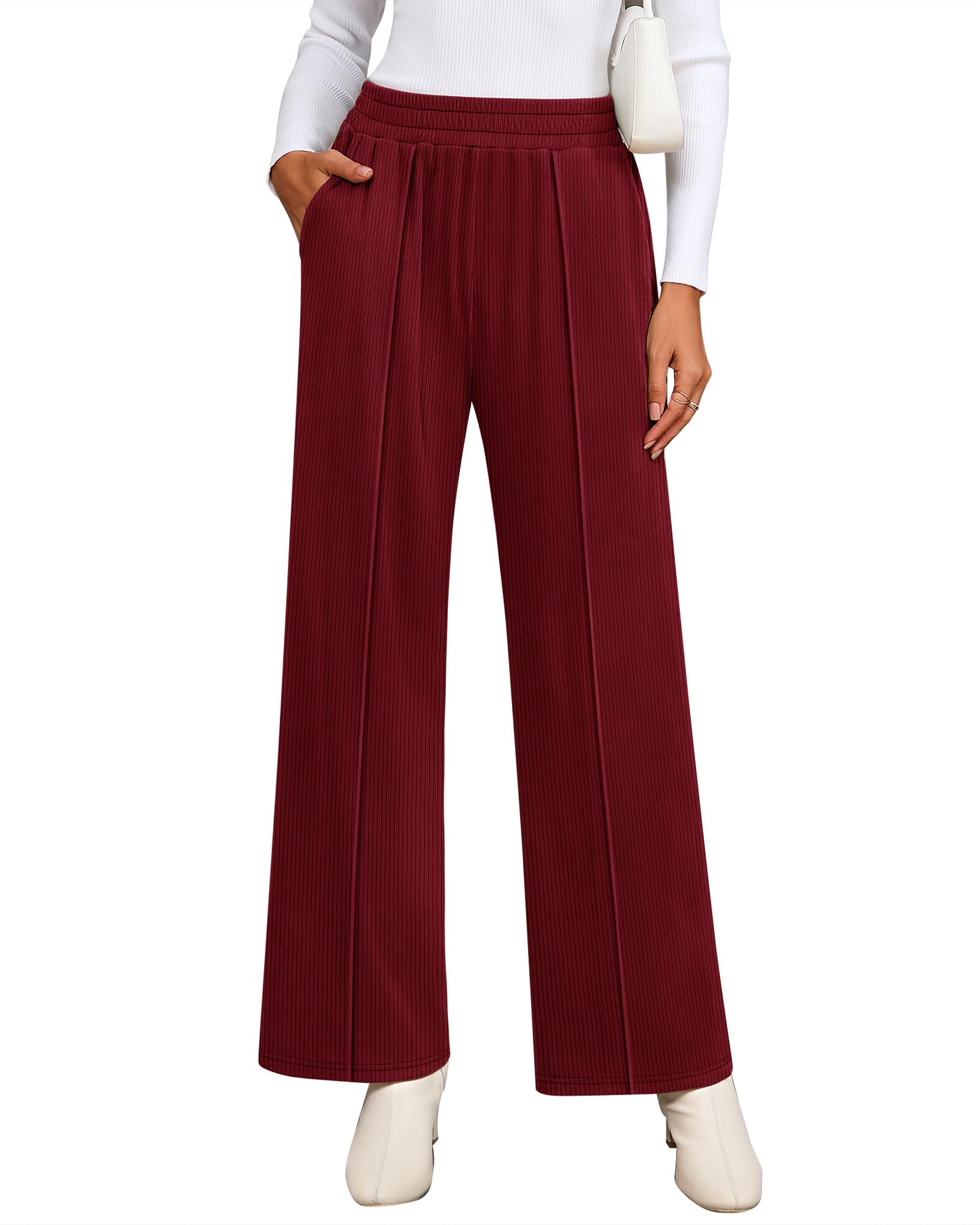 Ficerd Womens Wide Leg Lounge Pants with Pockets Casual Work Baggy Pant Elastic Waist Sweatpants Loose Ribbed Trouser