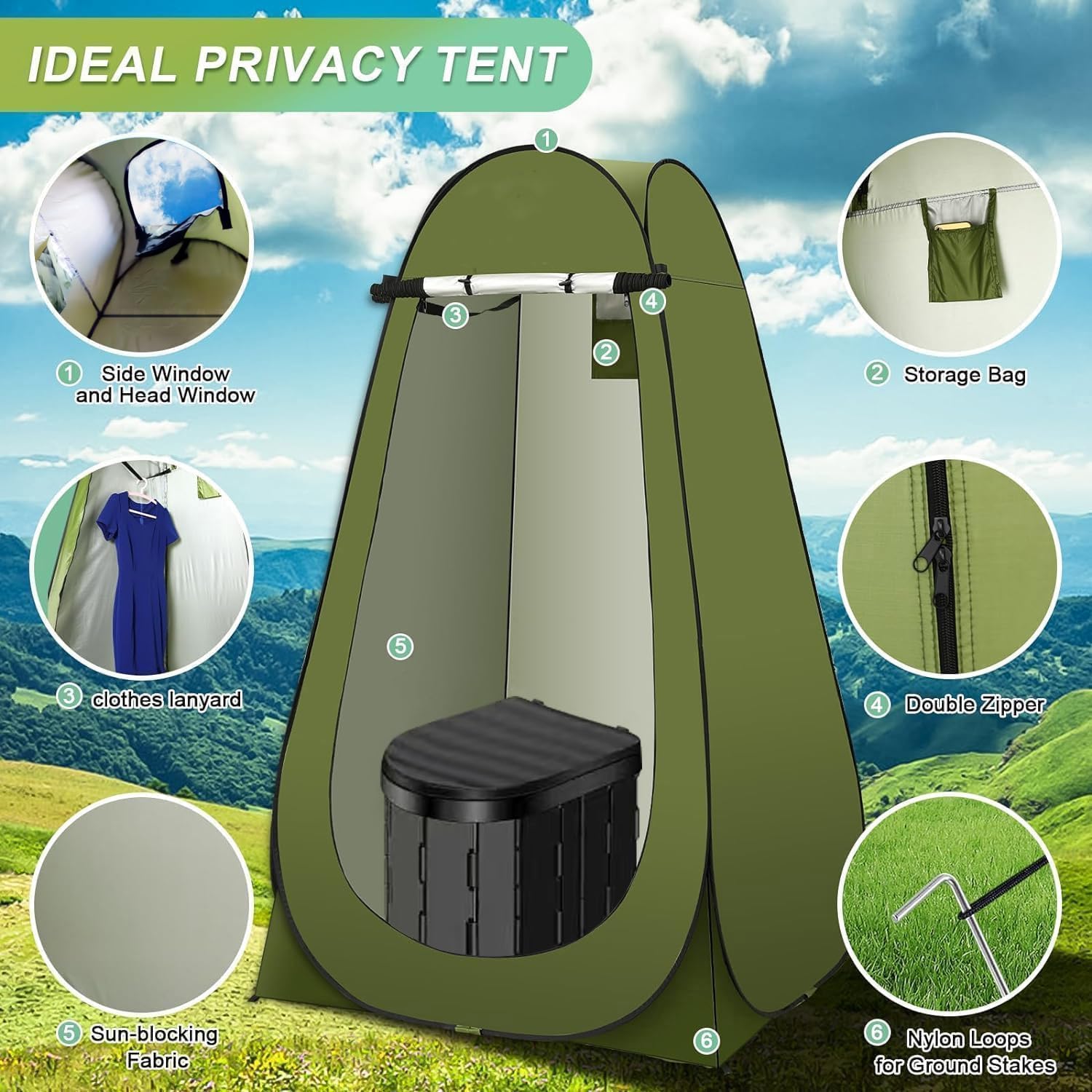 Kit de inodoro portátil, inodoro de camping con tienda de campaña retráctil y bolsa de inodoro, lavable, portátil, ducha al aire libre, vestuario para pañales
