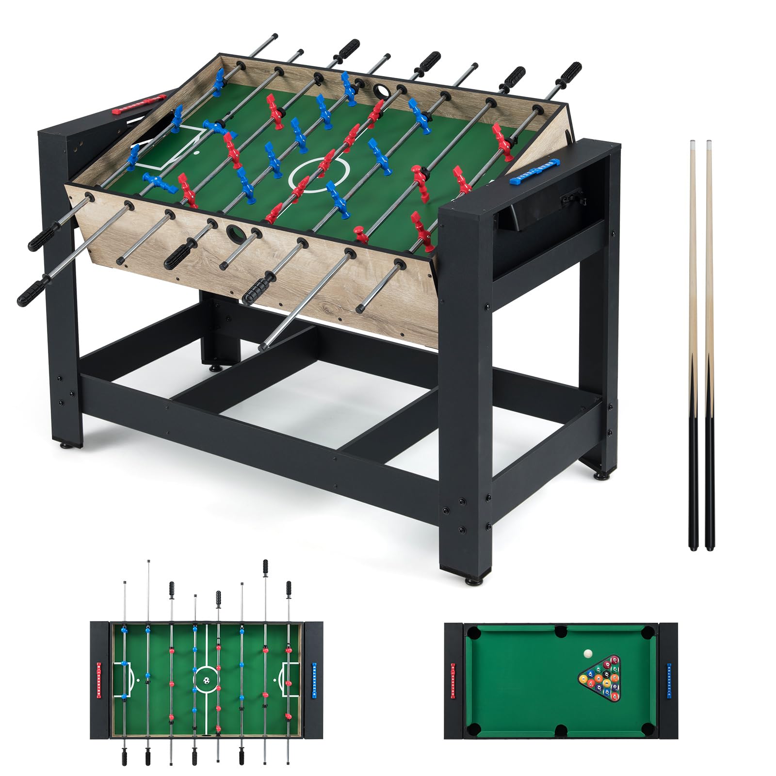 HOMASIS 2 en 1 Table de Jeu Multifonction Pliable avec 2 Boules et Marque-Points, Table de Billard avec 2 Queues et Triangle de Maison