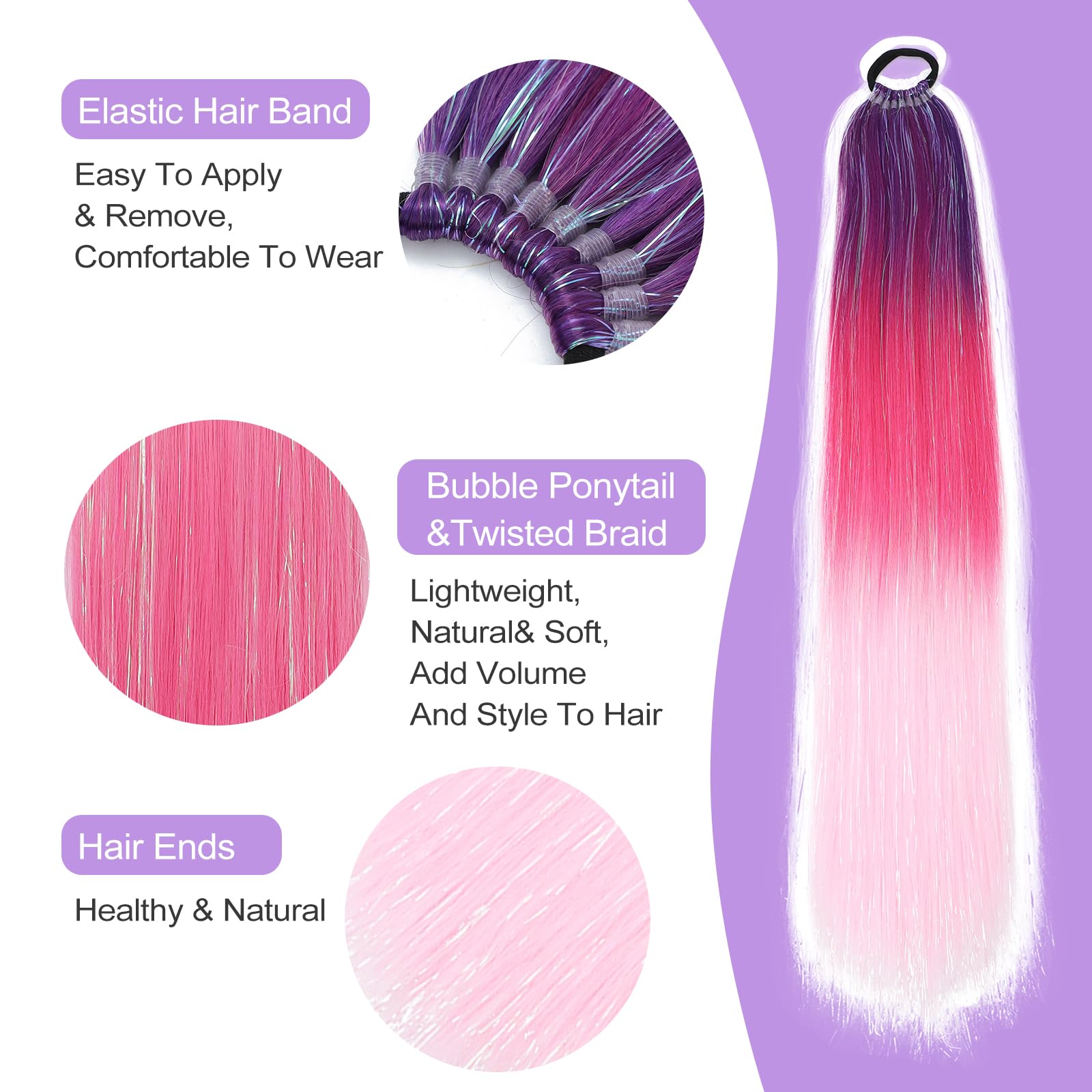 1 Packs 26 Inch Rainbow Ponytail Hair Extensions with Tinsel Hair for Jumbo Braiding Hair Extensions Soft Yaki Straight Synthetic Hair Glitter Ponytail for Girls DIY Box Braids (purple-rose-pink) - Image 3