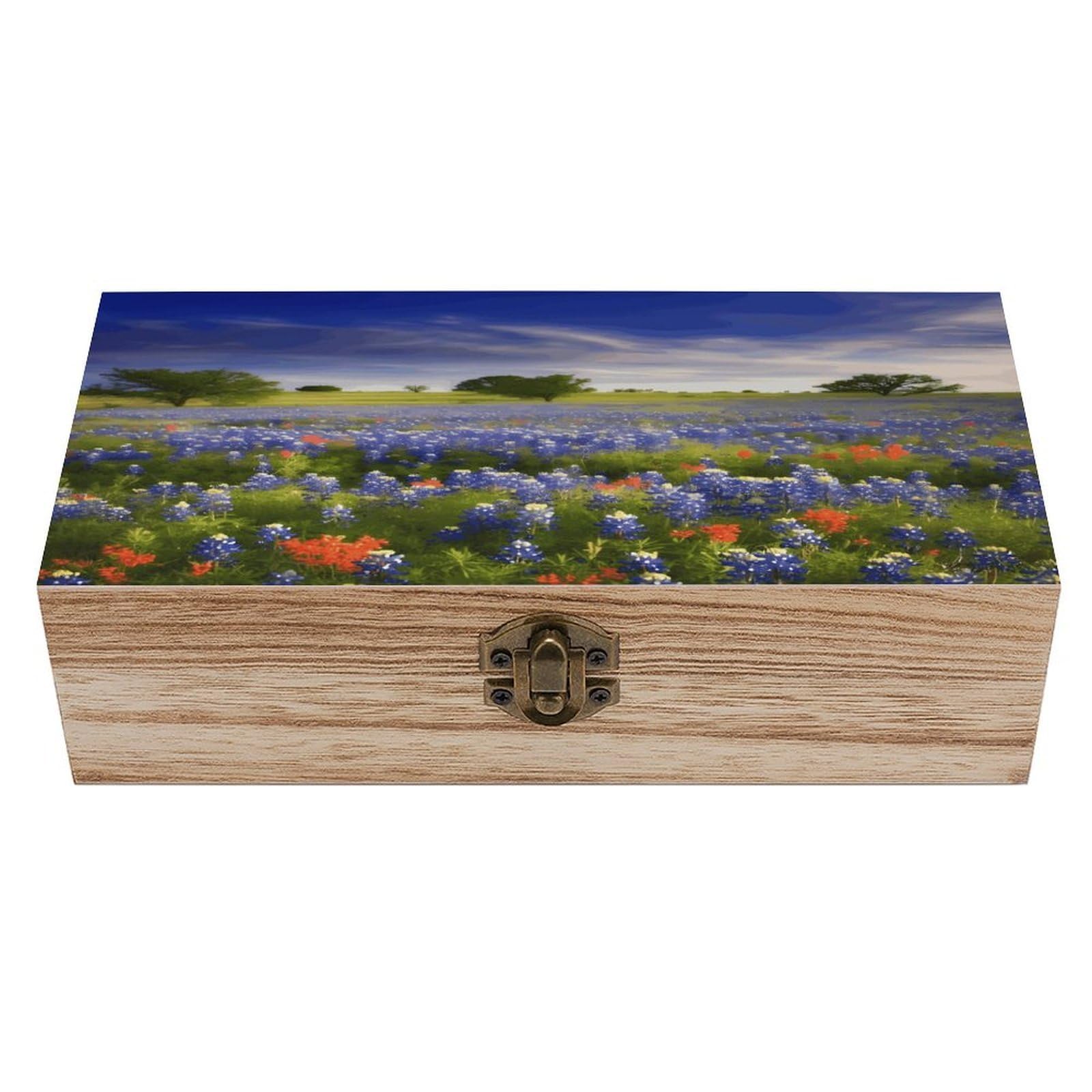 VstaDank Texas Bluebonnets Scenery Wooden Box with Hinged Lid Handmade Wooden Jewelry Boxs Organizer Personalized Woodens Keepsake Box for Pictures Wedding Photo Jewelry Decorative Chest Rustic Crate