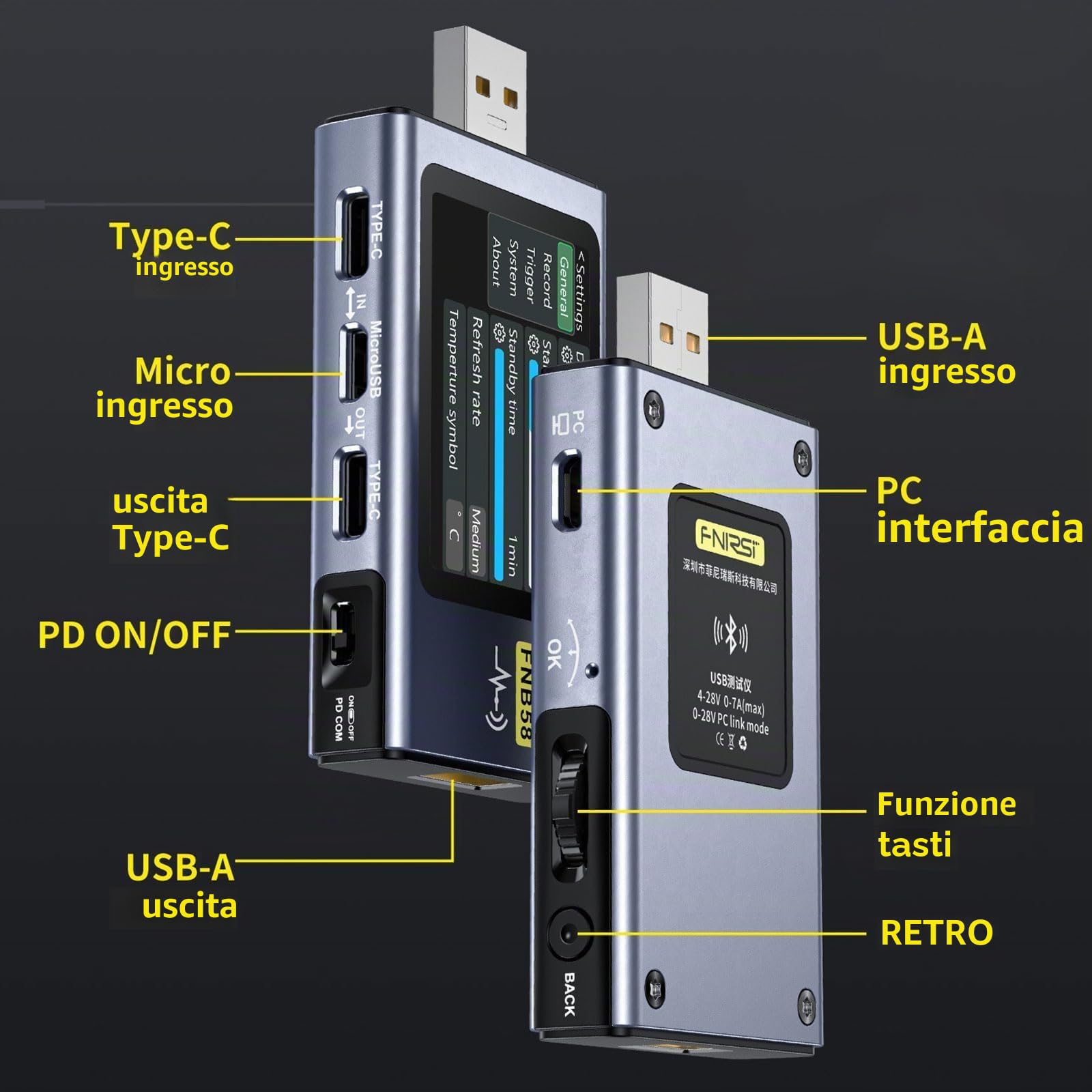 ARCELI FNB58 Tester USB, voltmetro digitale, amperometro, misura della capacità e del ripple con Bluetooth, trigger, rilevamento rapido della carica 4-28 V tensione di monitoraggio