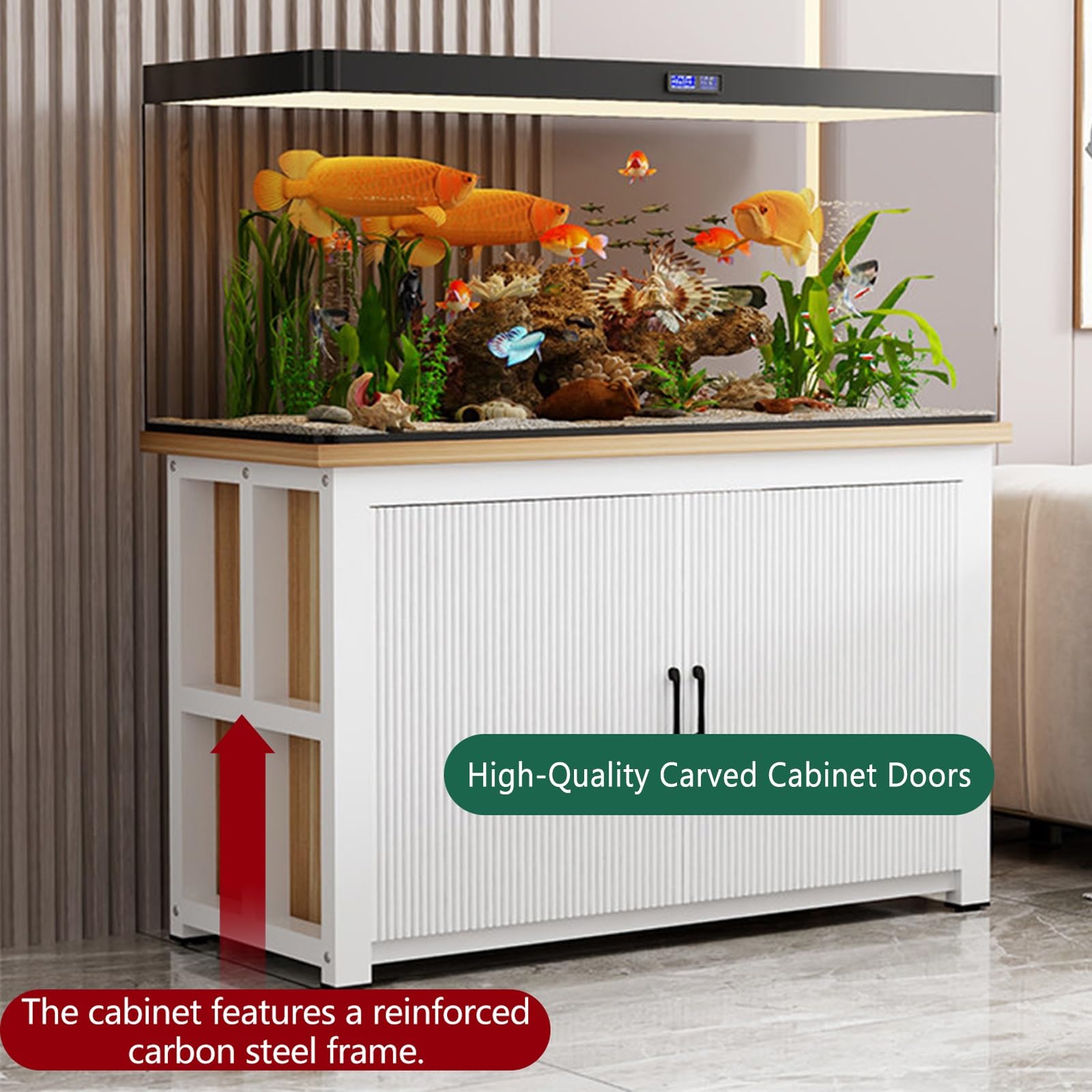 Reptilien-Terrarium mit integrierten Aufbewahrungsschränken, Stahlkonstruktion, hohe Belastbarkeit, geeignet für Wohnzimmer und Büros.
