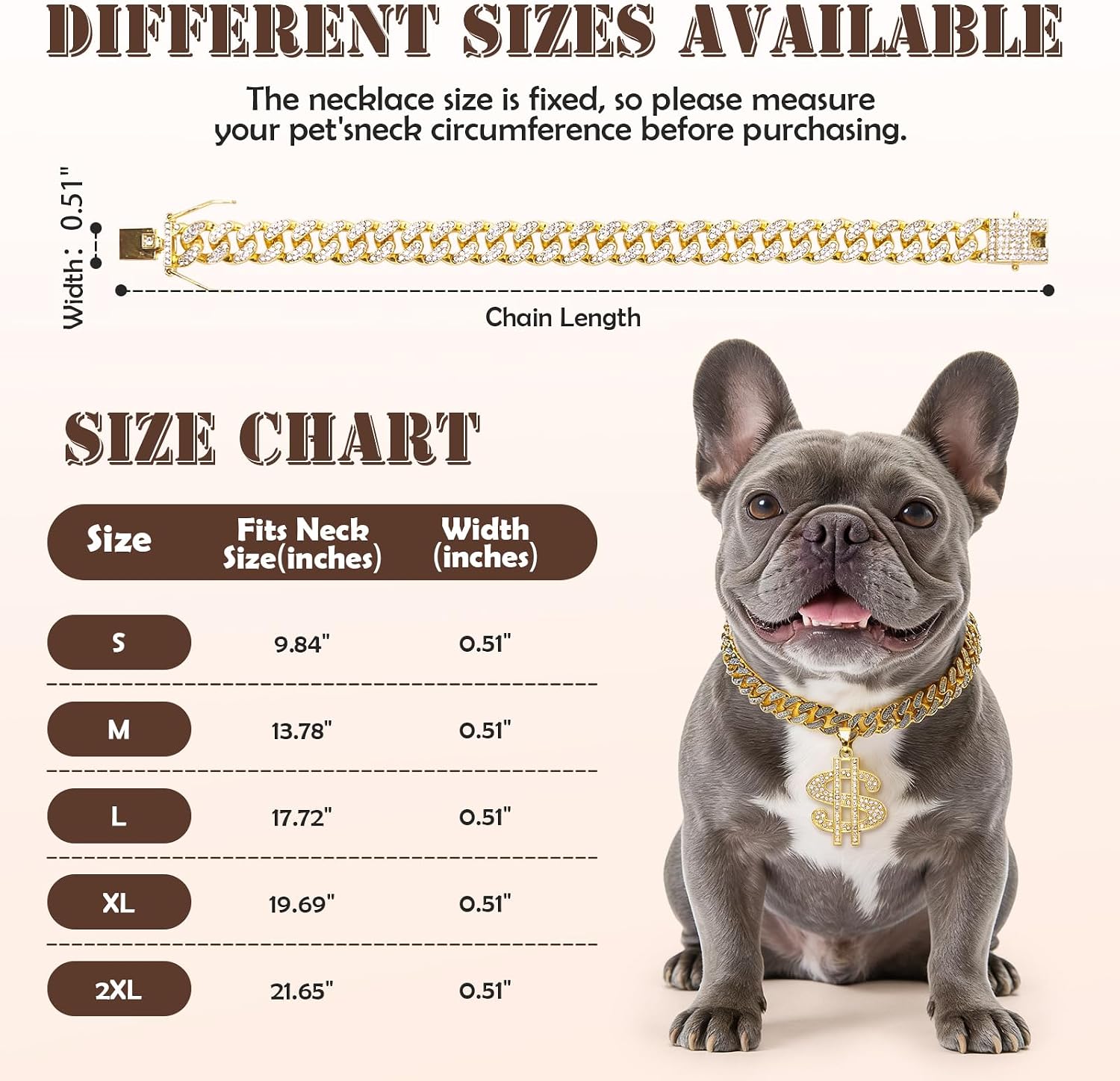 Dog Collar Diamond Gold Plated Cuban Link Chain Glitter Necklace with Dollar Pendant Matching Pet Owner Styles Available Hip Hop Pet Accessories for Dog & Cat (Gold, 45cm) image 2