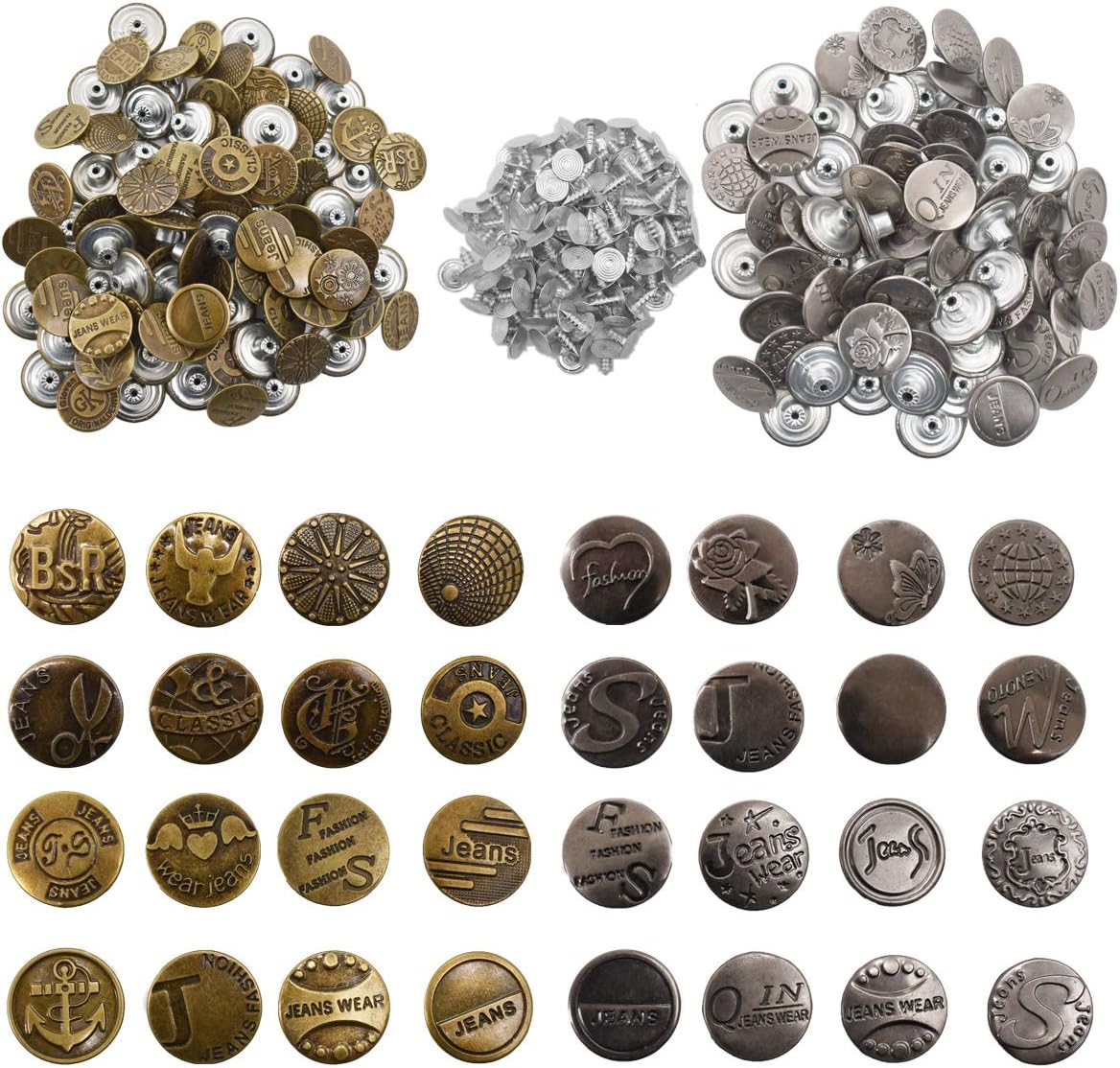 Yueser Jeans Button Replacement Kit, 200 Sets Metal Stud Buttons Jeans Button with Metal Base for Clothing Repairing Jeans Jackets Bronze and Gun Black(Random Style)