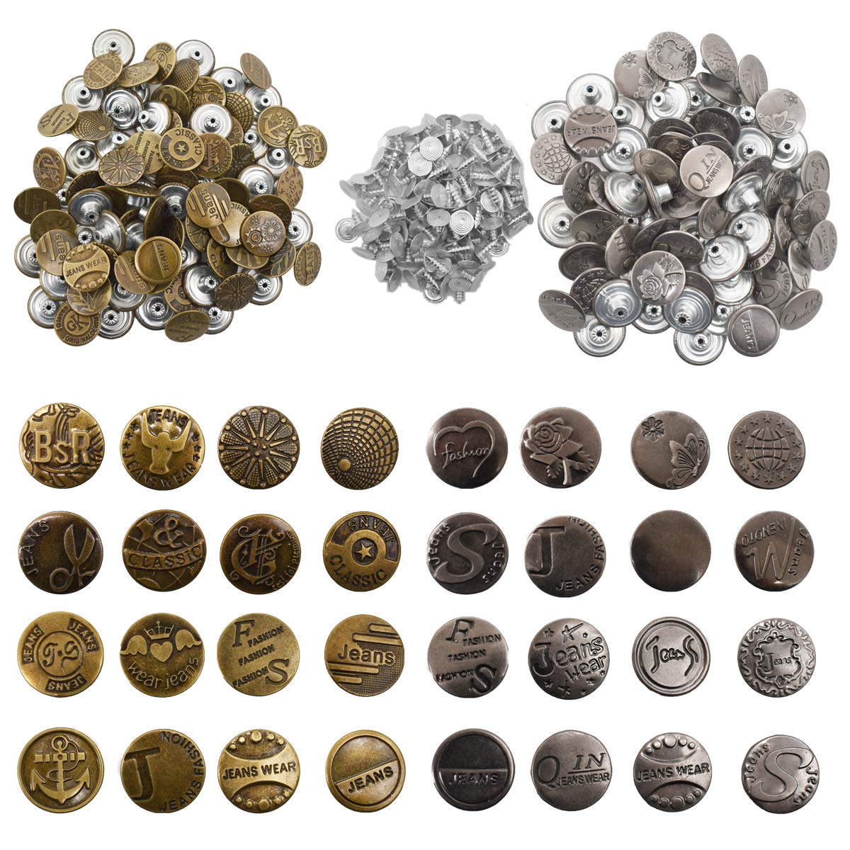 Yueser Jeans Button Replacement Kit, 200 Sets Metal Stud Buttons Jeans Button with Metal Base for Clothing Repairing Jeans Jackets Bronze and Gun Black(Random Style)