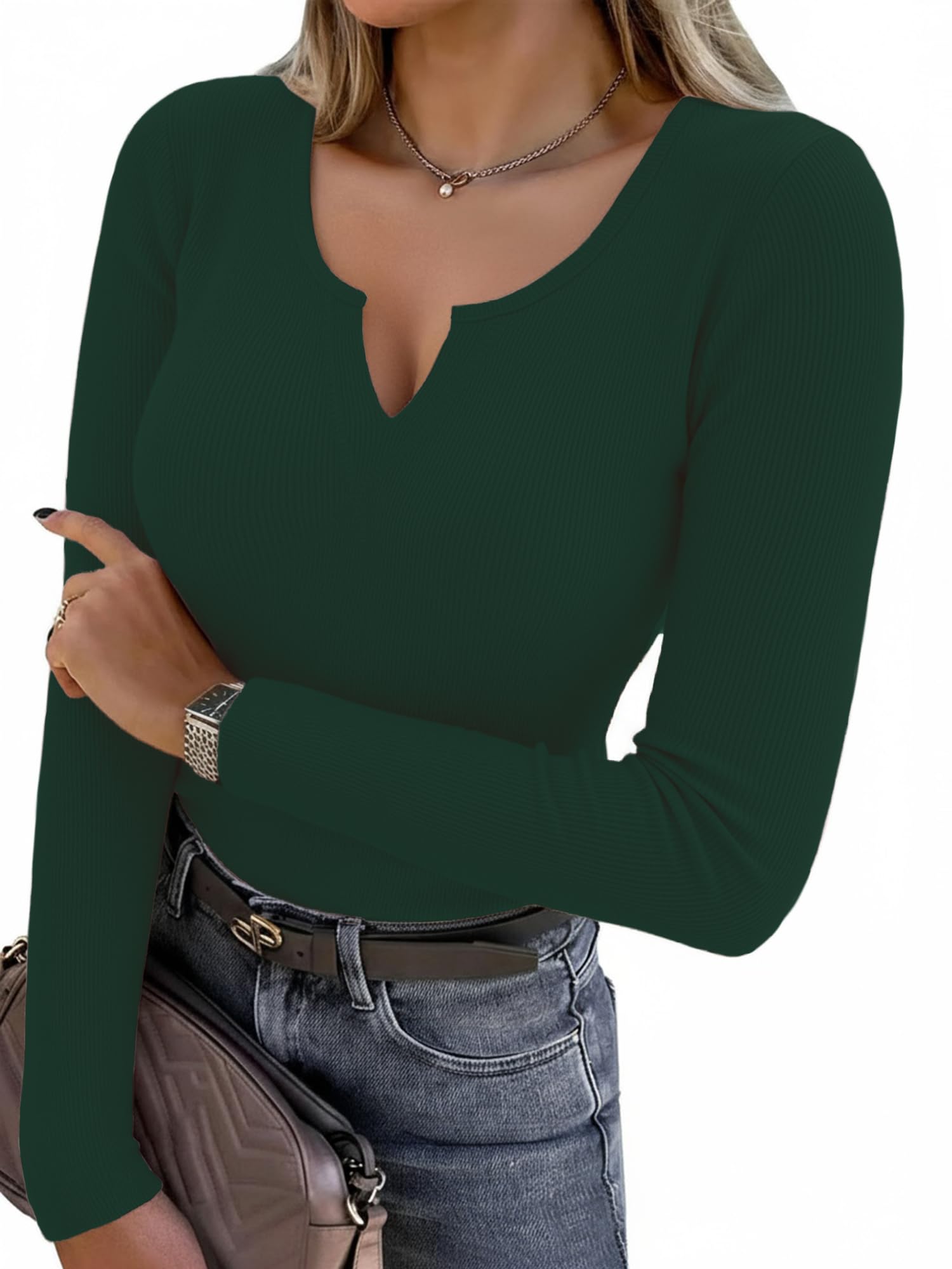 Aottori Damen Langarmshirt Gerippt Elegant Oberteile V-Ausschnitt Langarm Pullover Baumwolle Slim Fit T-Shirt Stretch Casual Basic Top