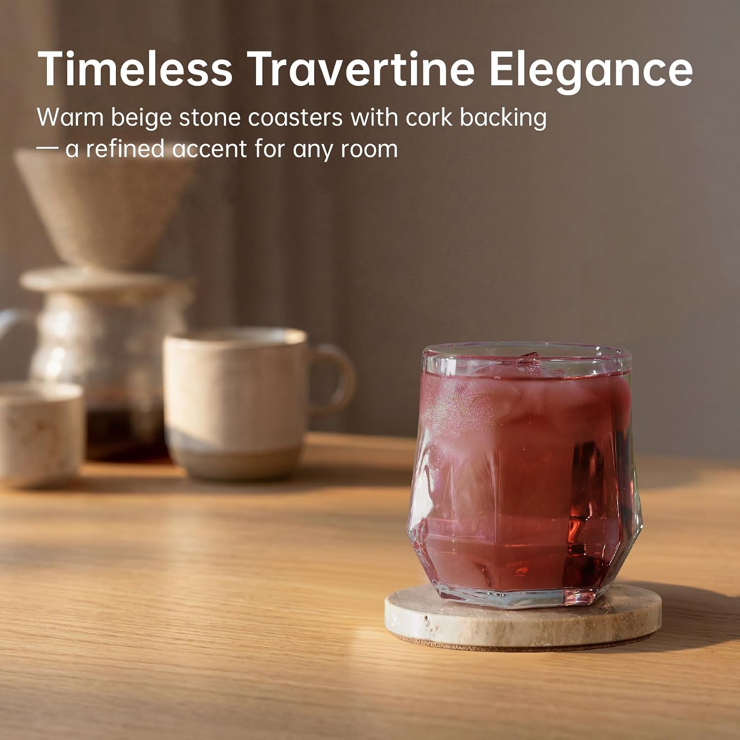 3.9-Inch Beige Travertine Coasters Set of 4 - Natural Limestone Drink Coasters with Non-Slip Cork Backing, Protect Countertops from Stains and Scratches