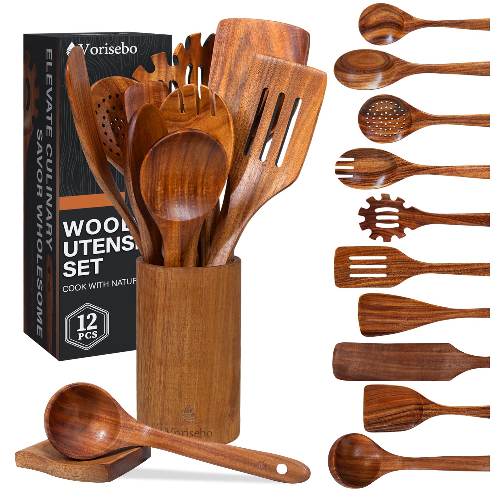 12-teiliges Holzlöffel zum Kochen, natürliches Teakholzutensilien-Set, handgefertigtes Küchenhelfer-Set aus Holz mit Halter und Löffel, langlebig, antihaftbeschichtet, Komfortgriff