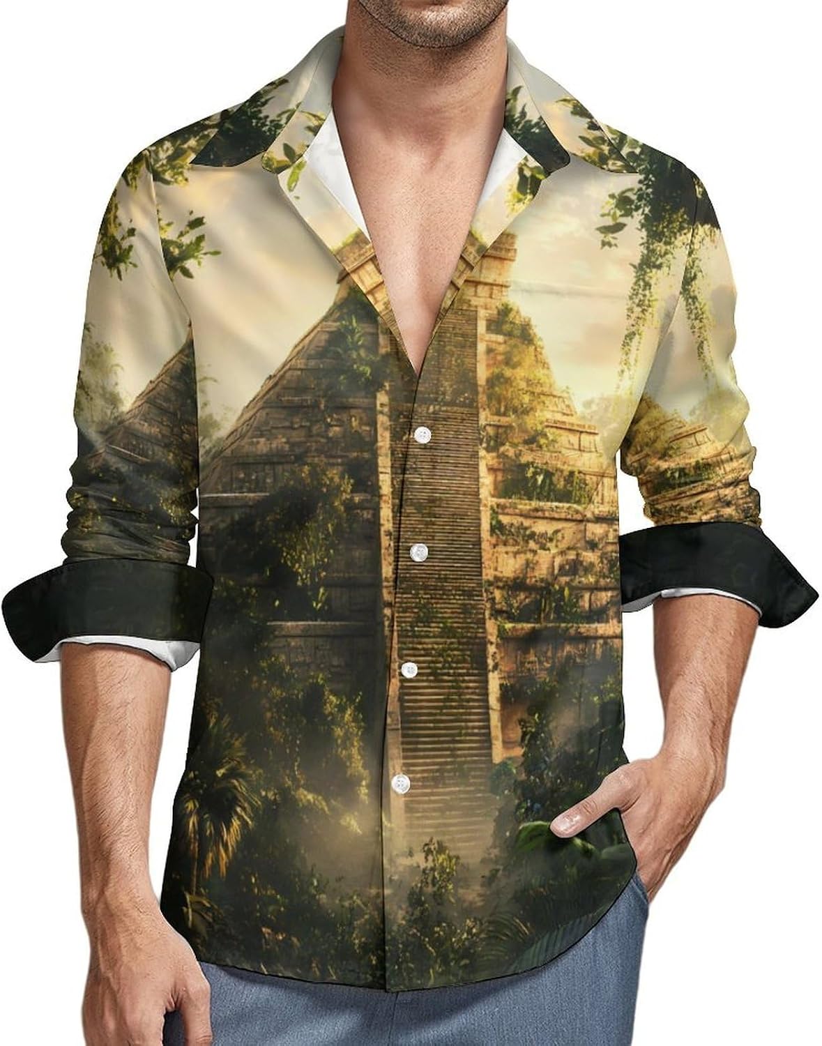 Mayan Pyramid Long Sleeve Shirts Casual Dress Shirt Button-down T-shirts for Men