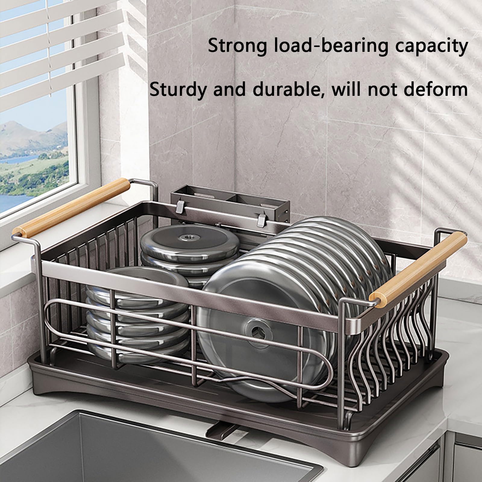 Escurridor de platos 46*31*23CM Escurreplatos Acero Inoxidable Cocina con Bandeja Recogegotas y Portacubiertos Secador Boquilla Giratoria 360° Ahorra Espacio Secaplatos para Encimera de Cocina
