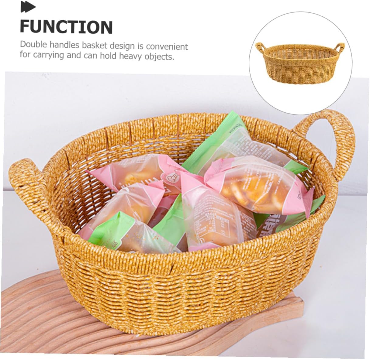 FRCOLOR Oval Large Deep Handwoven Snack Storage Basket with Handles, Imitation Rattan Plastic Fruit and Bread Tray for Kitchen Organizer and Outdoor Picnic Serving
