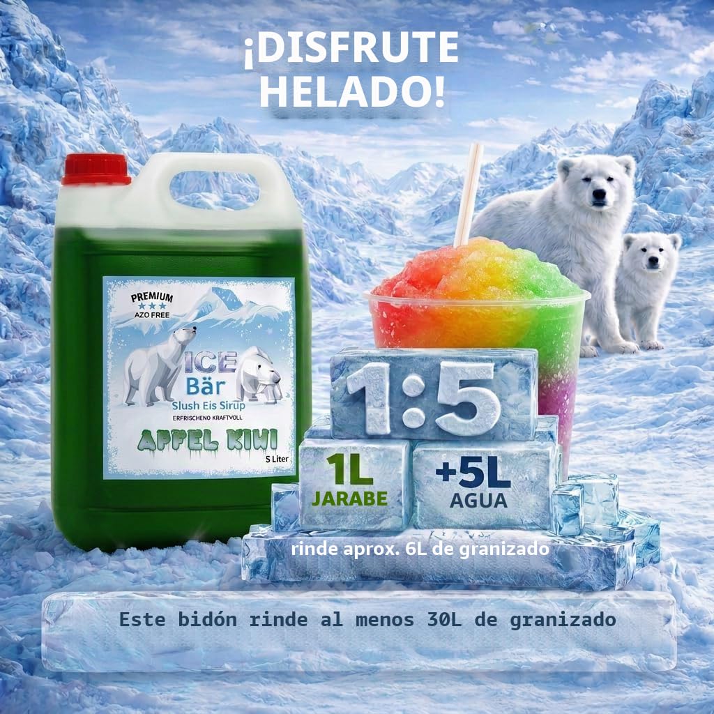 ICE Bär SLUSH Granizado 12 variedades afrutadas, 5 litros de concentrado, Sabor manzana kiwi, granizador de hielo para máquina de hielo de bricolaje 5L (Paquete de 1)