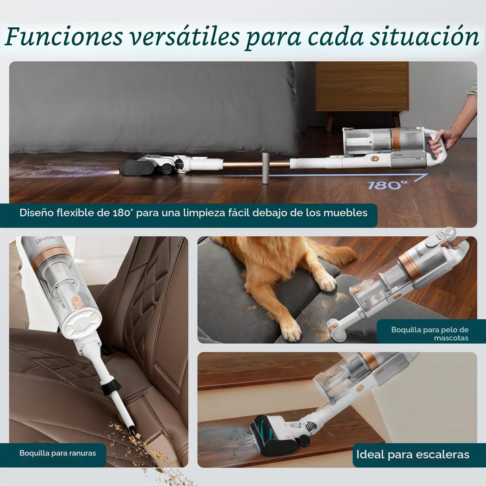 Levoit Aspiradora inalámbrica – Tiempo de Funcionamiento hasta 75 m² – Aspiradora inalámbrica – 4 en 1 – 99,9% de eficiencia del Filtro, protección contra enredos, para Pelo de Mascotas, alfombras