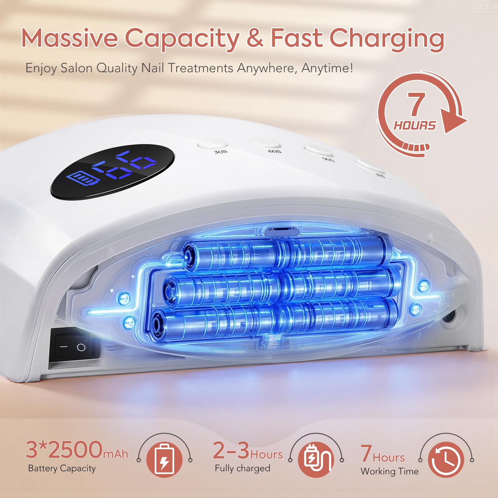 Lámpara LED UV inalámbrica de 72 W, luz UV profesional para uñas de gel, secador de uñas recargable de secado rápido con 4 temporizadores, 45 cuentas, sensor inteligente, soporte de pie retráctil