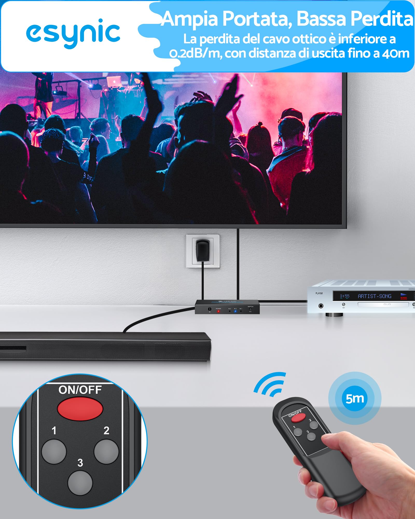 ESYNiC 3X1 Switch Toslink SPDIF con IR Telecomando e USB-C Cavo, Switcher Commutatore Audio Digitale Ottico 3 Ingressi 1 Uscita con Cavo Ottico, Supporta LPCM 2.0 DTS e Dolby AC3 Funziona Memoria