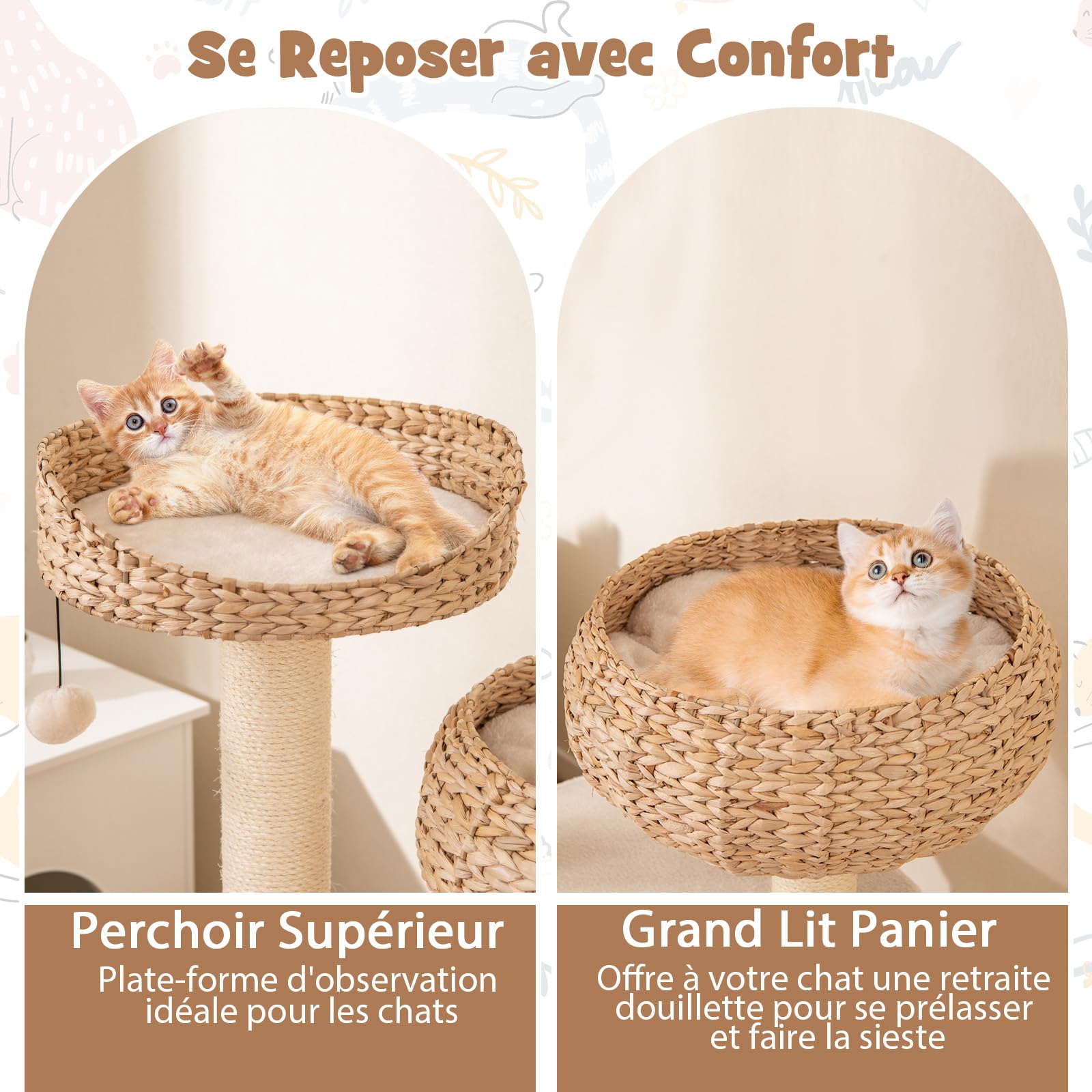 COSTWAY Arbre a Chat XXL 104 cm, Arbre a Chat Bois, 3 Poteaux à Griffer en Sisal,Tour pour Chaton 3 Plateformes, Panier, Pompon, Corde à Griffer (104 cm,Beige)