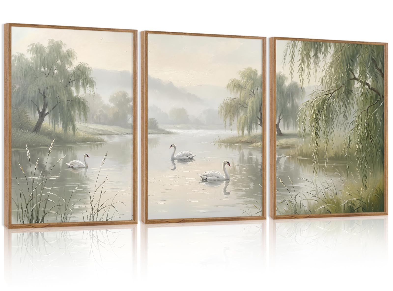 ANHUIB Set of 3 Framed Canvas Wall Art Swan Canvas Prints Willow Tree Landscape Artwork Neutral Landscape Picture Vintage Misty Lake Picture Framed for Living Room Bedroom Hallway Home Decor 30×40cm