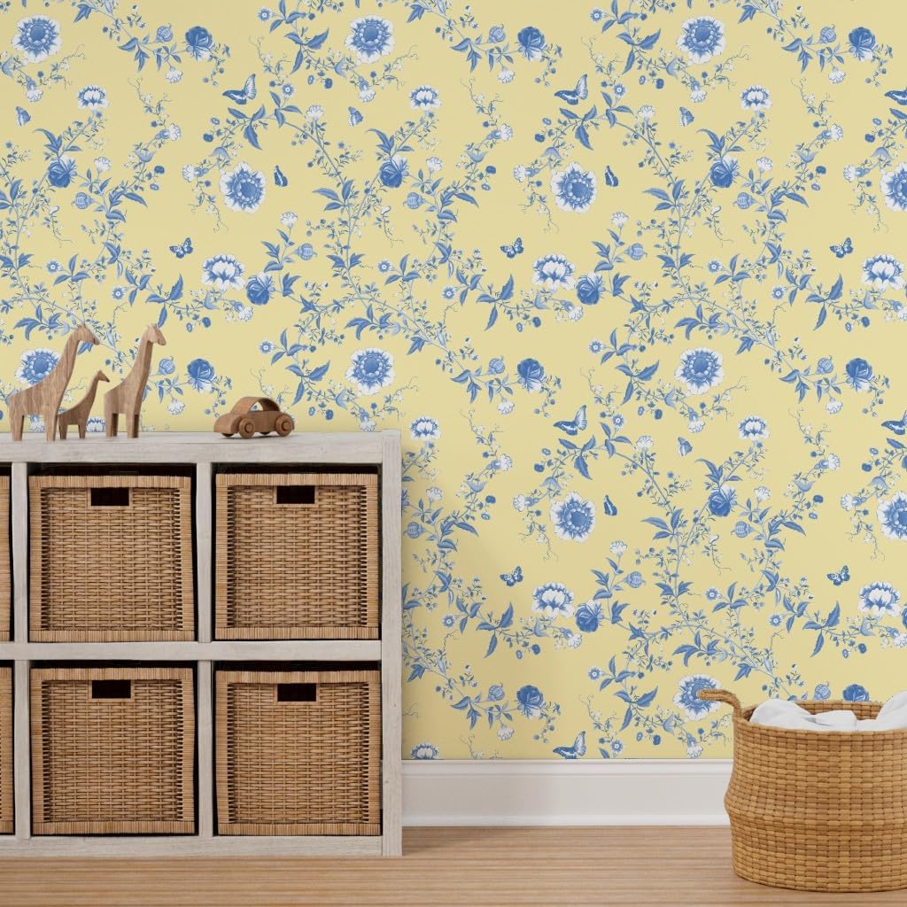 Peel & Stick Wallpaper 3ft x 2ft - Pale Yellow Chinoiserie Dowager Floral Pastel Blue Flowers Butterfly Custom Removable Wallpaper by Spoonflower
