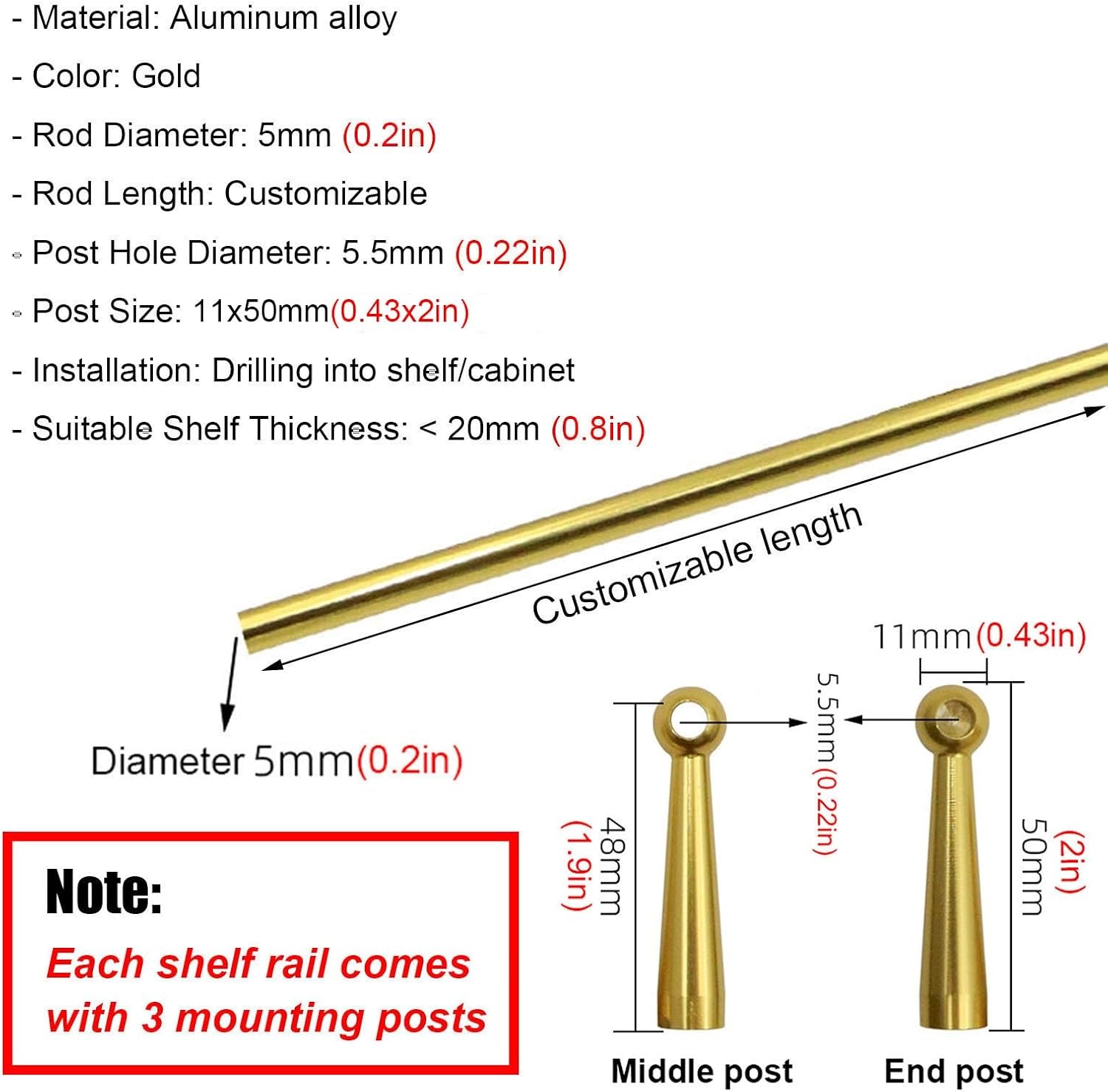 Gold Aluminum Decorative Shelf Guard Rails, 3 Spindles Anti-Fall Barriers for Kitchen Cabinets & Bookshelves, 32in/81cm, 4 Pack Stylish Display Hardware image 2