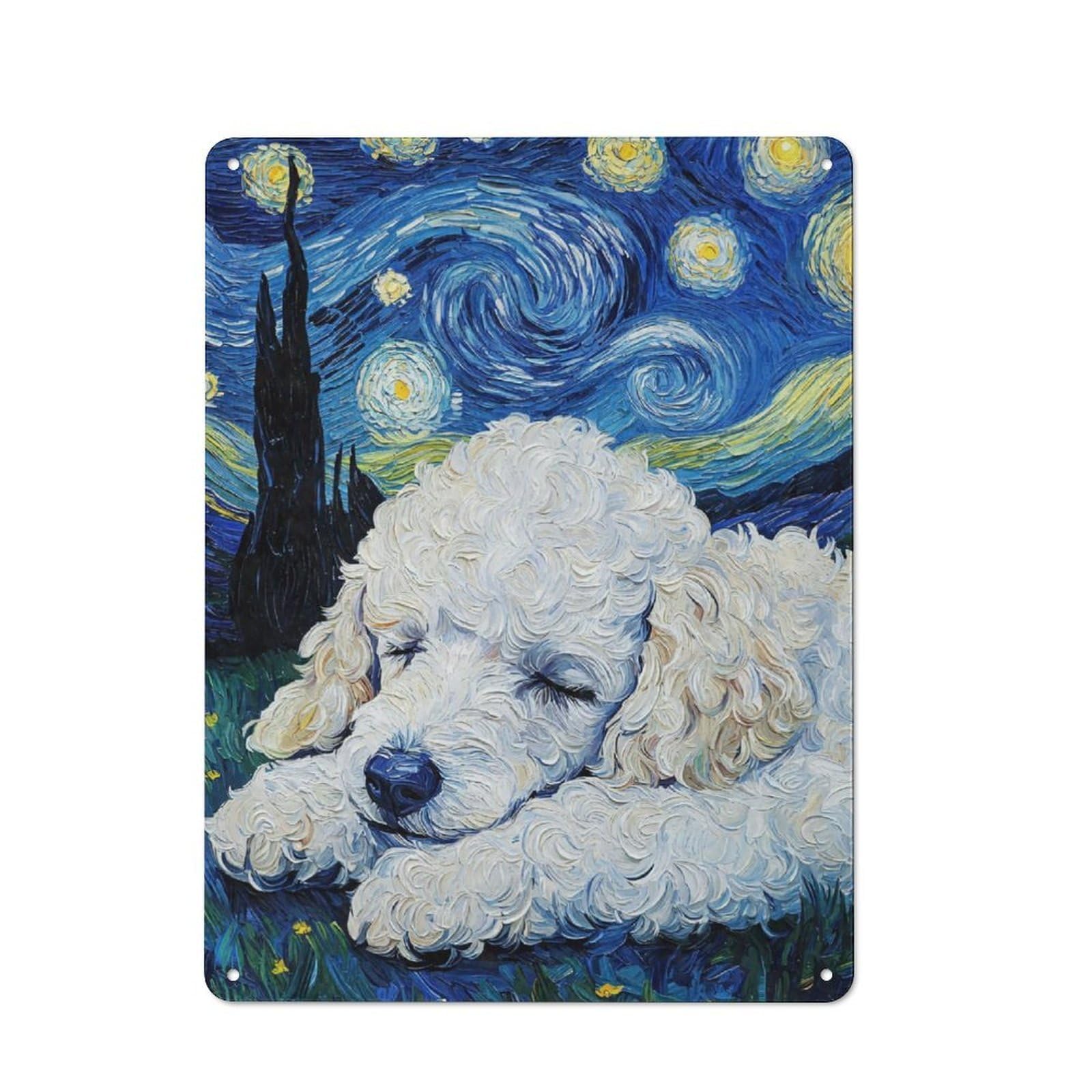 Junmoney White Poodle Puppy Sleeping Retro-Style Metal Plaque 40X30cm For Kitchen Or Home Bar, Gift For Home Bar Enthusiasts During The Christmas Season