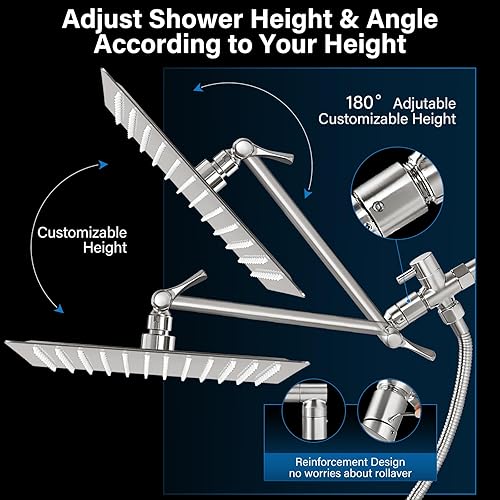 Miniatura 4 de HGN Combo de cabezal de ducha de lluvia de alta presión de 12 pulgadas con brazo de ducha de extensión de 11 pulgadas, rociador de ducha de mano