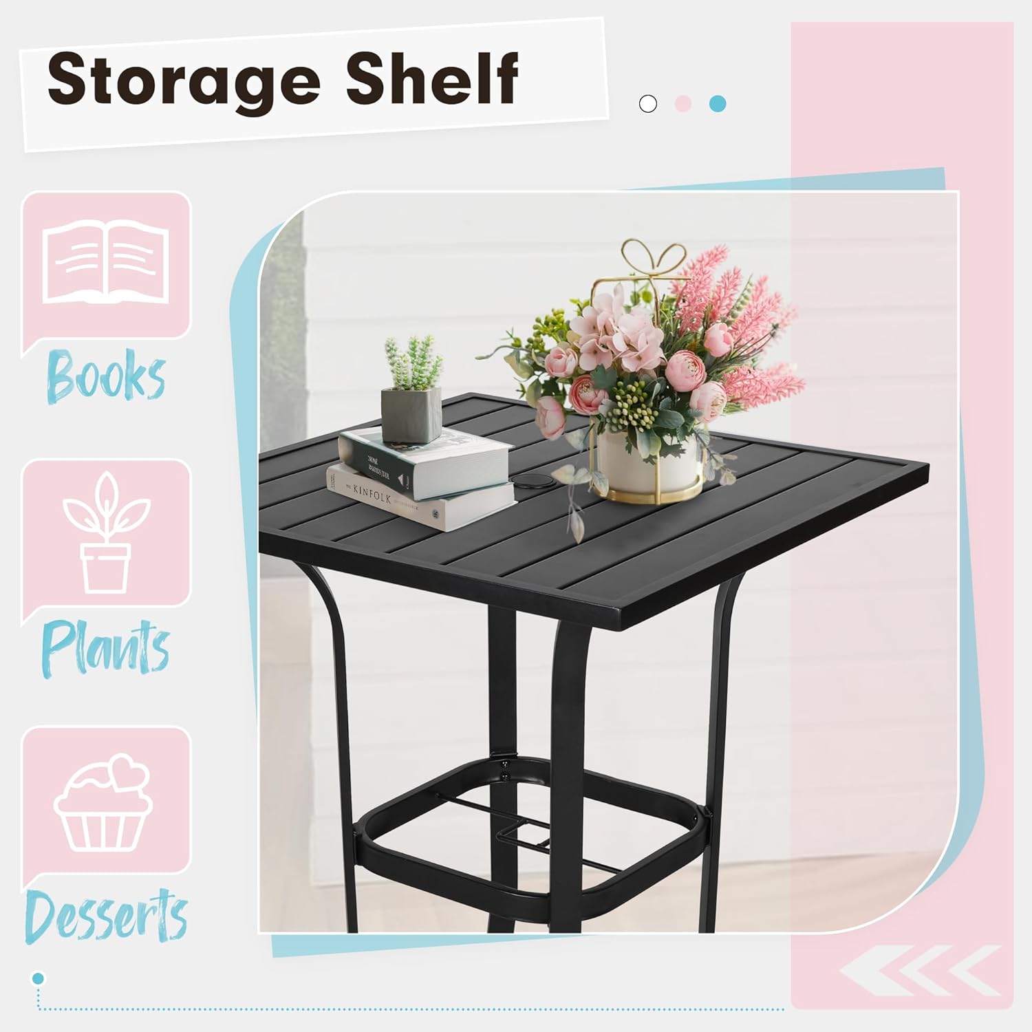 Incbruce Patio High Bar Table, 39" Height Bistro Table with 1.57'' Umbrella Hole, Square Outdoor High Top Table Metal Steel Frame and Slat Design (Slatted Tables Top), Black