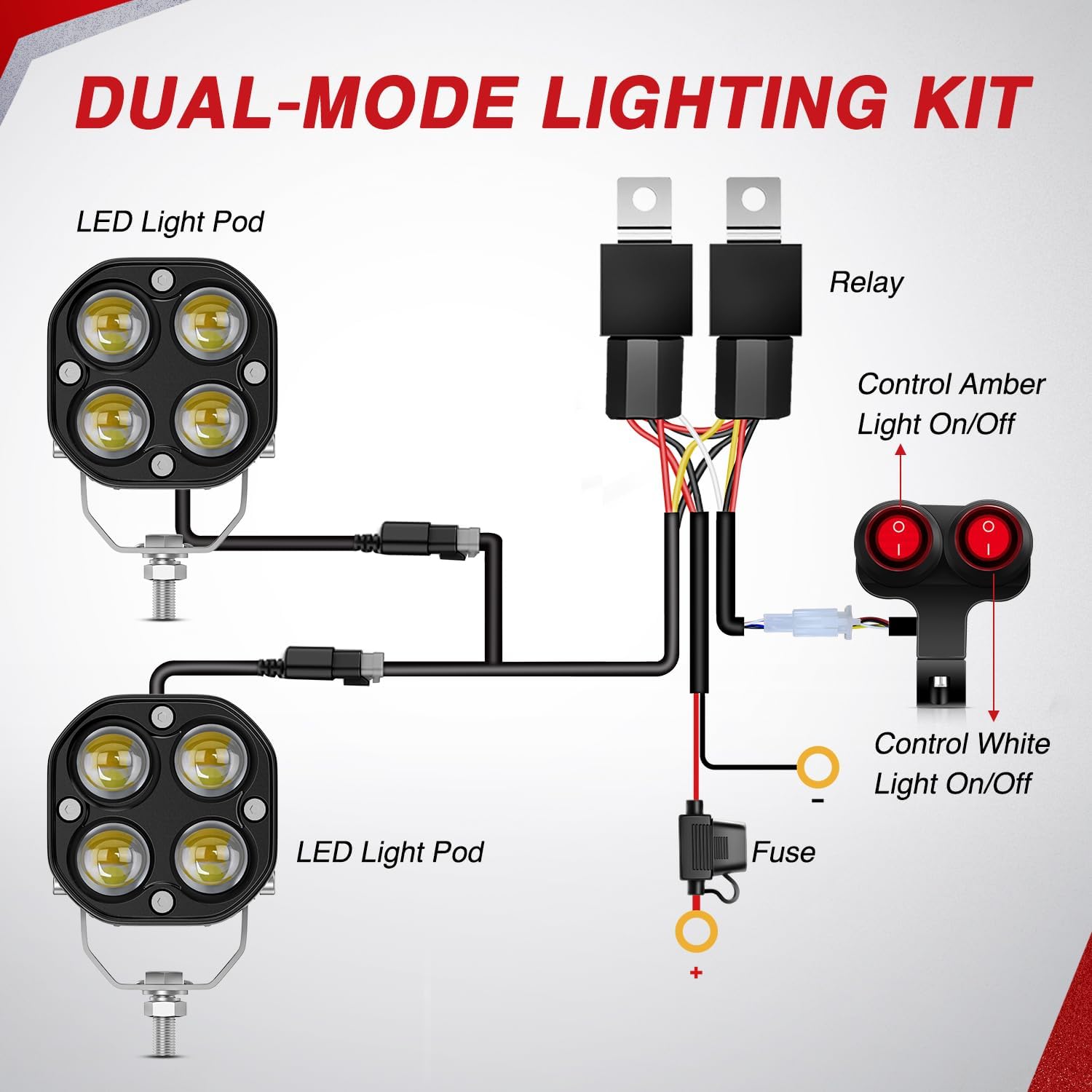 Nilight 7/8" Handlebar Motorcycle LED Driving Light Pod 2PCS 3 Inch 40W White Amber Dual Color Spot Beam Fog Auxiliary Offroad Lighting with 16AWG Wiring Harness for 12V Motorbike Dirt Bike e-Bike