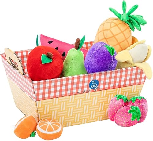 Educational Insights Juego de cesta de frutas de felpa de 12 piezas, comida de juego de simulación, habilidades de aprendizaje temprano, a partir de