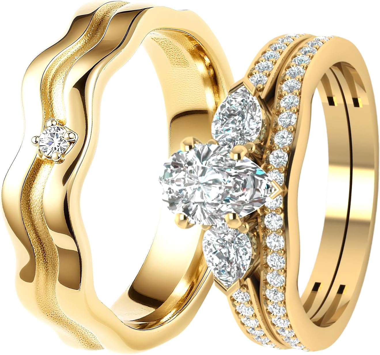 2.75 CT Moissanite 3 Stones Wedding Ring Sets for Couples,10K 14K 18K Solid Gold Cushion/Heart/Oval/Pear/Princess/Round Cut Bridal Ring Sets,Customized Matching Engagement Bands Set for Men and Women Free Engraving