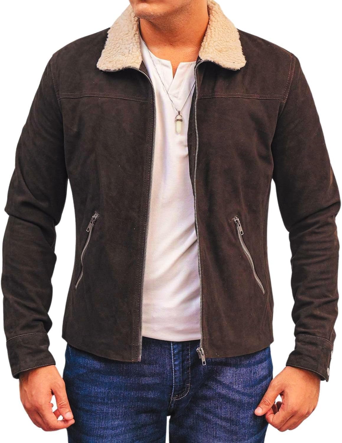 Men’s Vintage Brown Suede Leather Jacket – Rick Grimes-Inspired Motorcycle Coat with Fur Collar