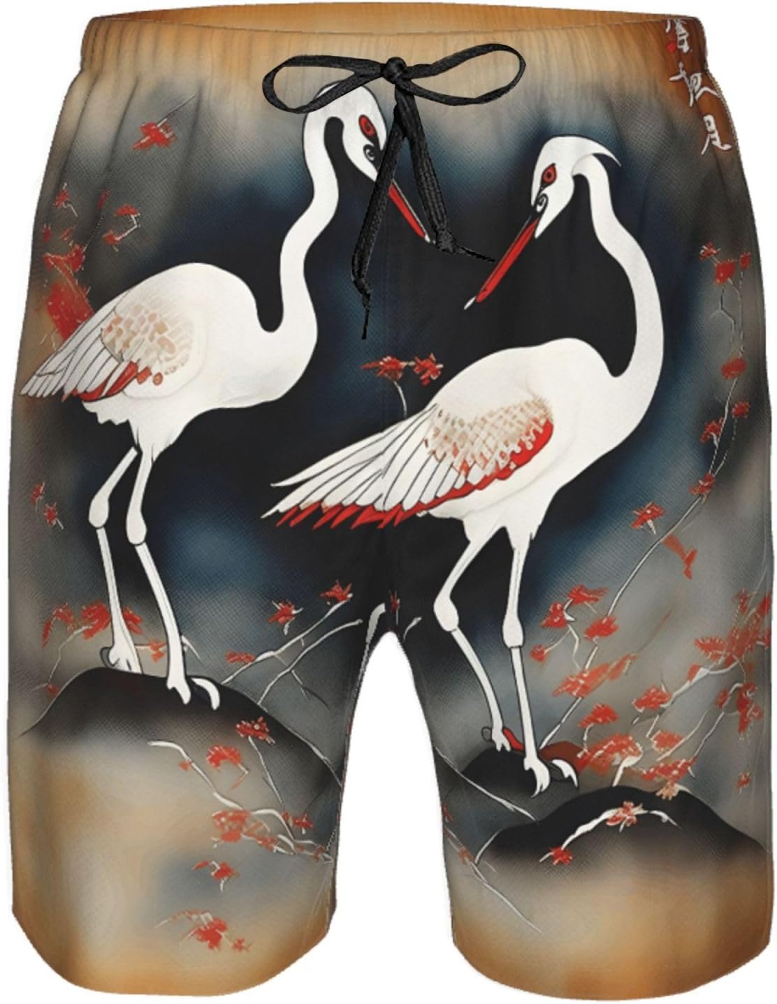 Two Japanese Cranes Flying Traditional Painting Print Mens Casual Shorts Drawstring Beach Stretch Shorts Novelty Swimtrunks