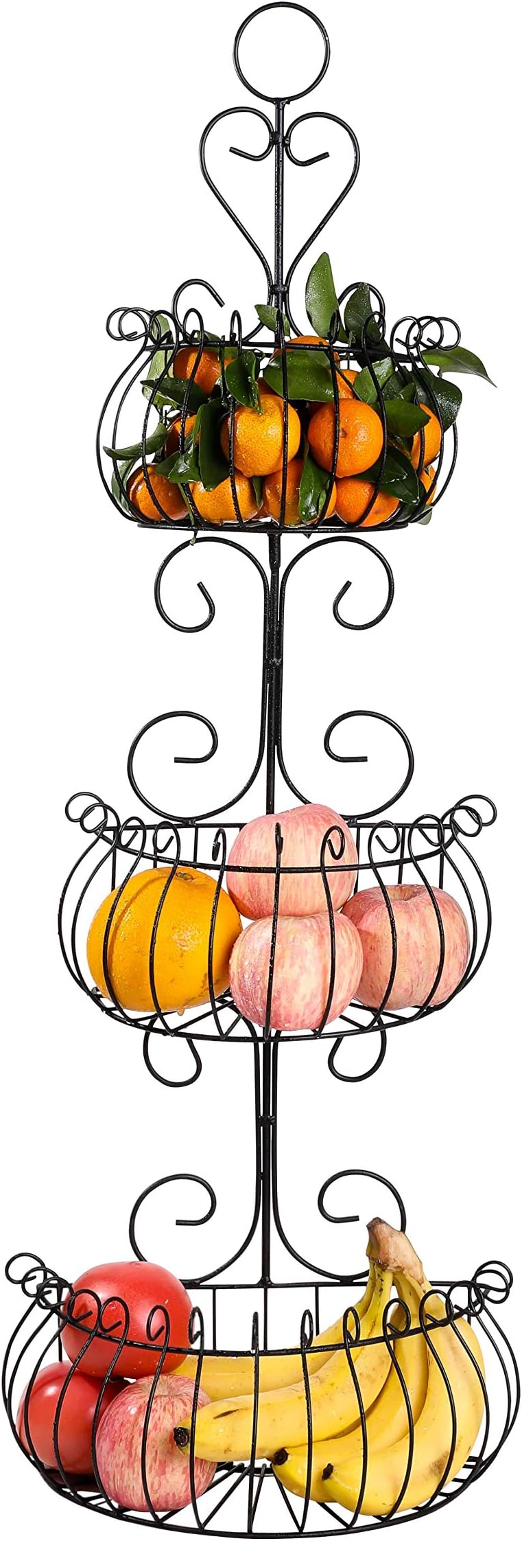 Wall Mounted 3 Tier Decorative Wire Fruit Basket - Freestanding or Hanging Kitchen Storage Rack for Fruits and Veggies, Restroom Organization, and More(Black)