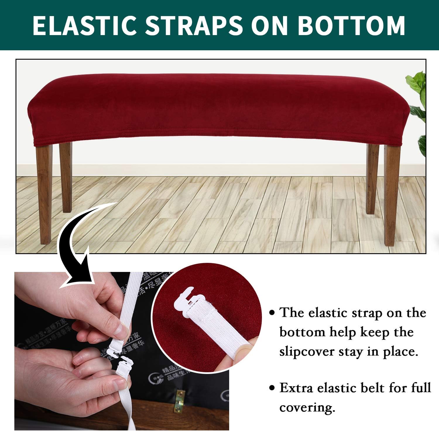 smiry Velvet Dining Room Bench Covers - Soft Stretch Spandex Upholstered Bench Slipcover Removable Washable Bench Seat Protector for Living Room, Kitchen, Bedroom (Burgundy)