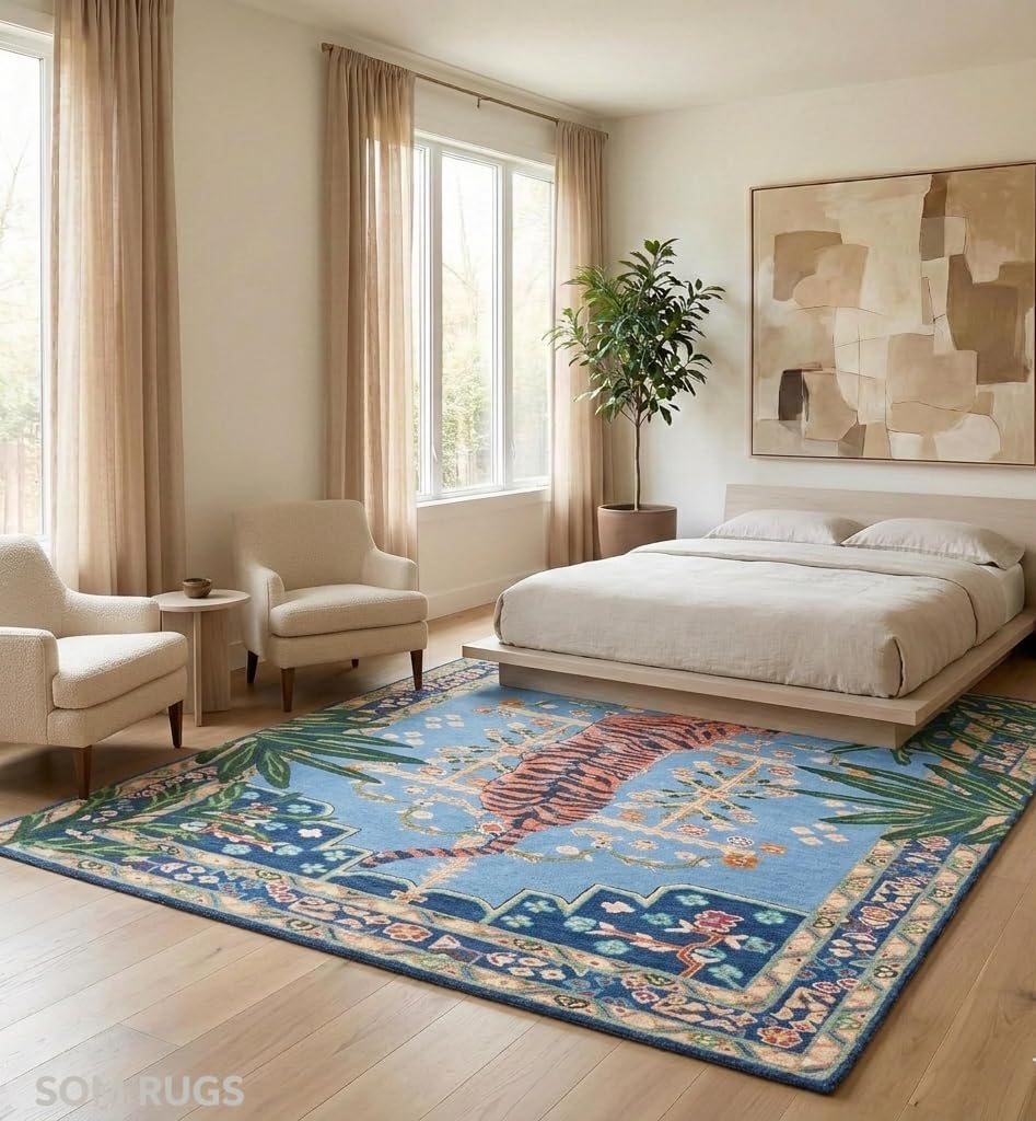 Bengal Tiger Tufted Wool Rug, Hand-Tufted Large Animal Design, Multi-Colored for Living Room, Bedroom, or Kitchen (7x10 Feet)