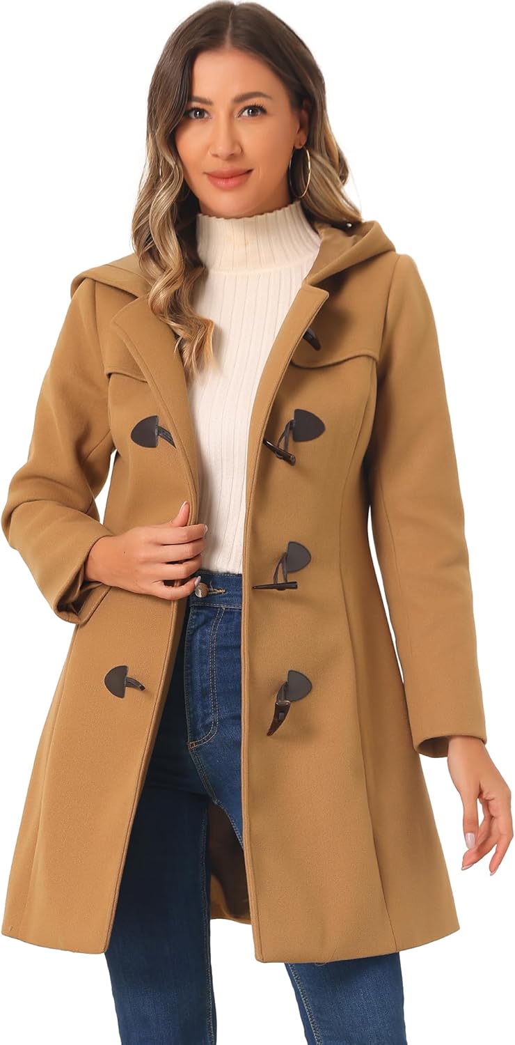 Allegra K Women's Winter Overcoat Mid-thigh Hooded Toggle Duffle Long Coat