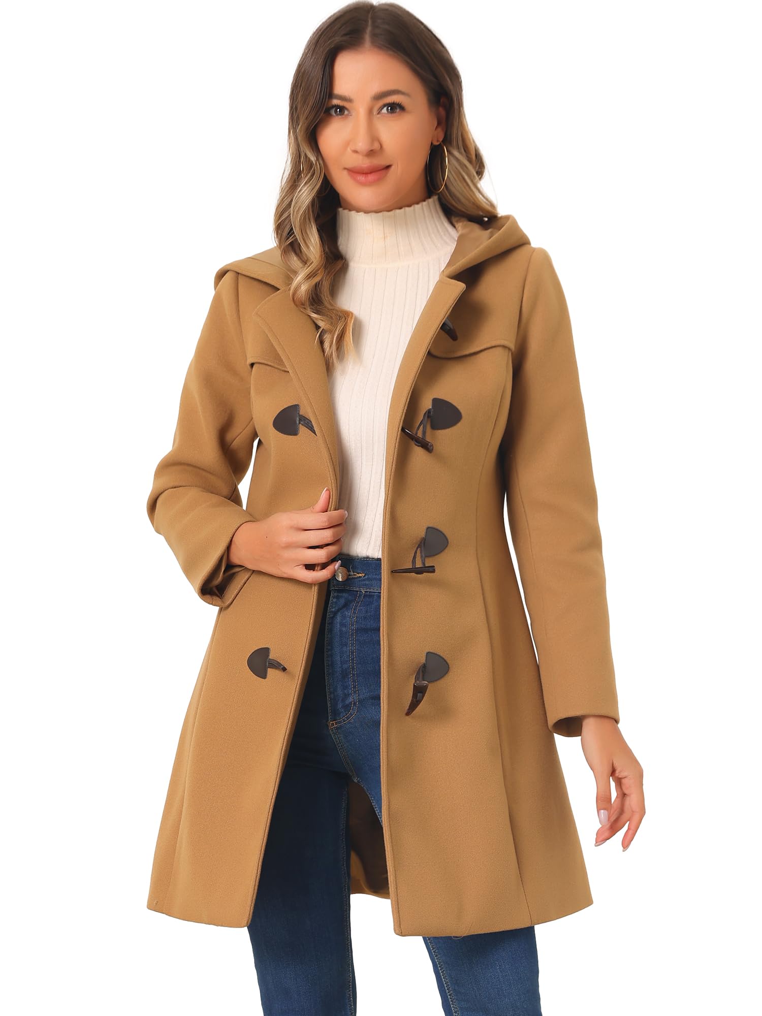 Allegra K Women's Winter Overcoat Mid-thigh Hooded Toggle Duffle Long Coat