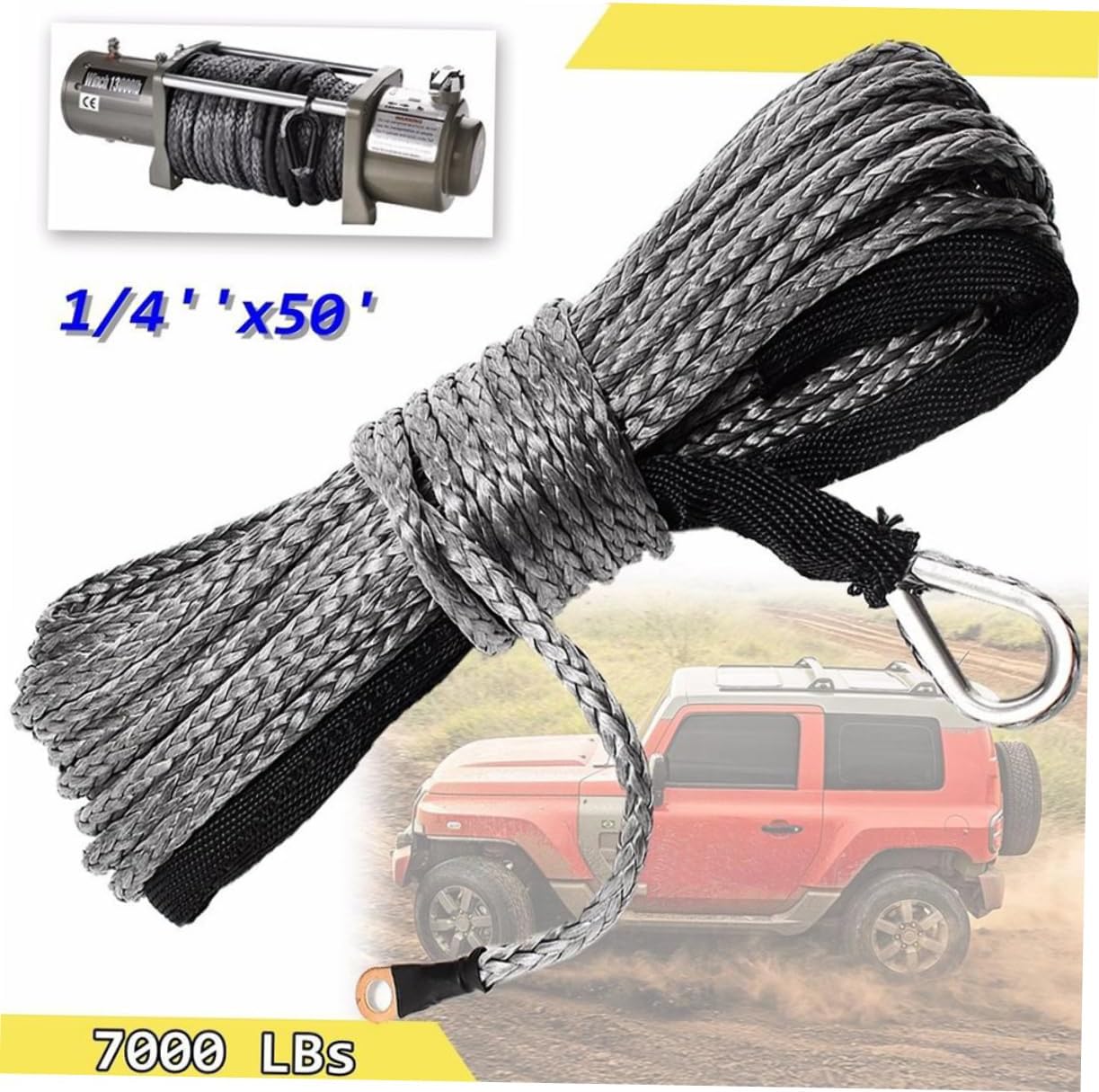 1/4 x 50 Synthetic Winch Rope 7700LBS Heavy Duty Cable for ATV UTV SUV Trucks Hook and Stopper