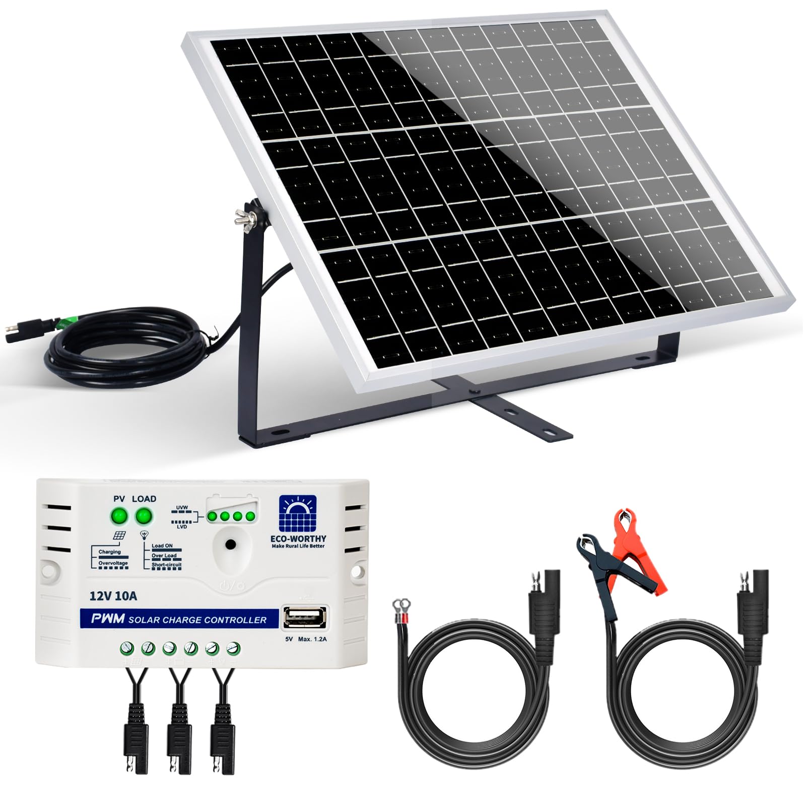 ECO-WORTHY Solar Panel Kit 25W 12V with Mounting Brackets: 25W Solar Panel + 10A Solar Charge Controller + SAE Connection Cable for Boat RV Chicken Coop Gate Opener Water Pump