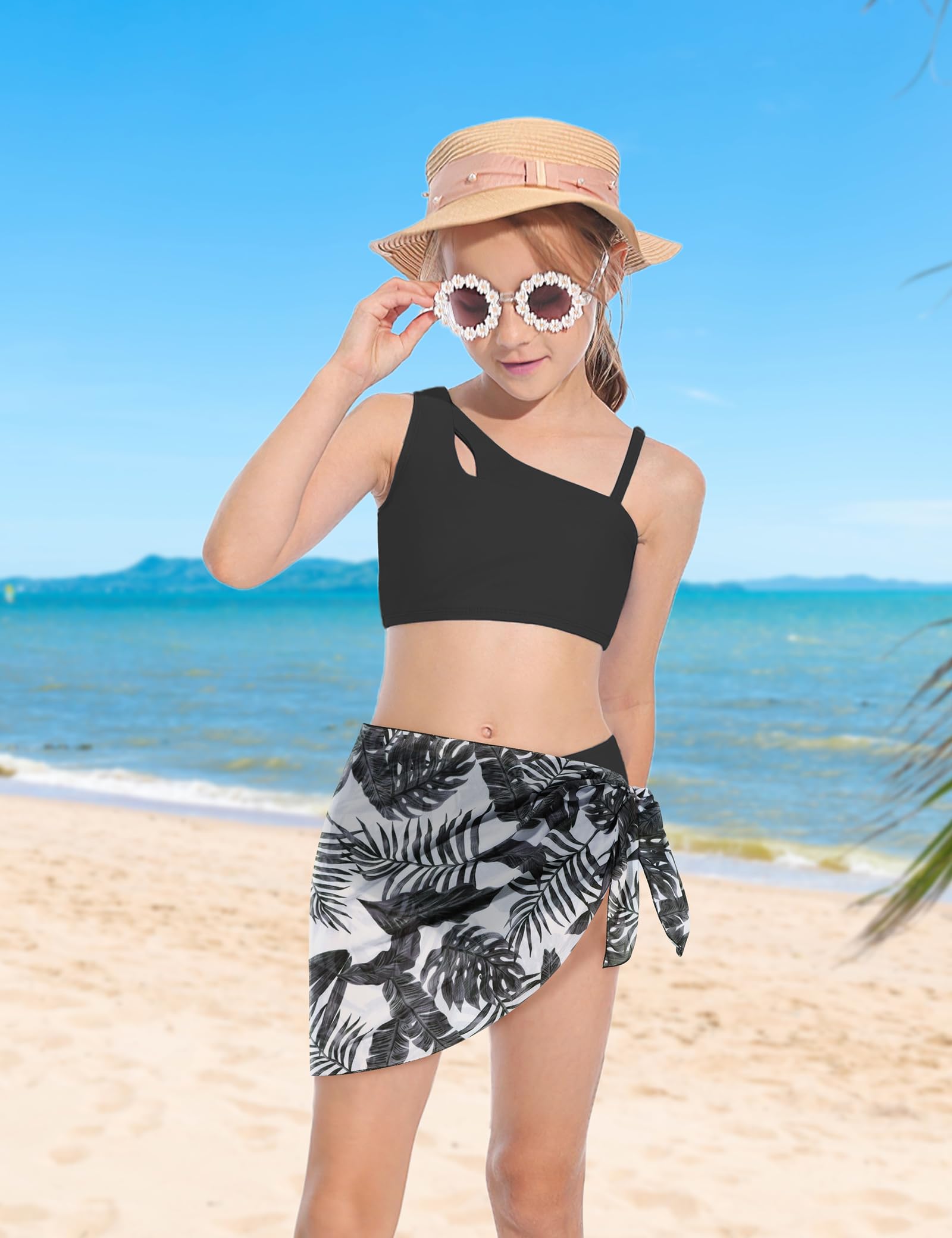 oklady Tween Girls Swimsuit, Green Cutout Top and Bottom with Tropical Floral Cover Up Skirt Girls Bathing Suit Size 9-10