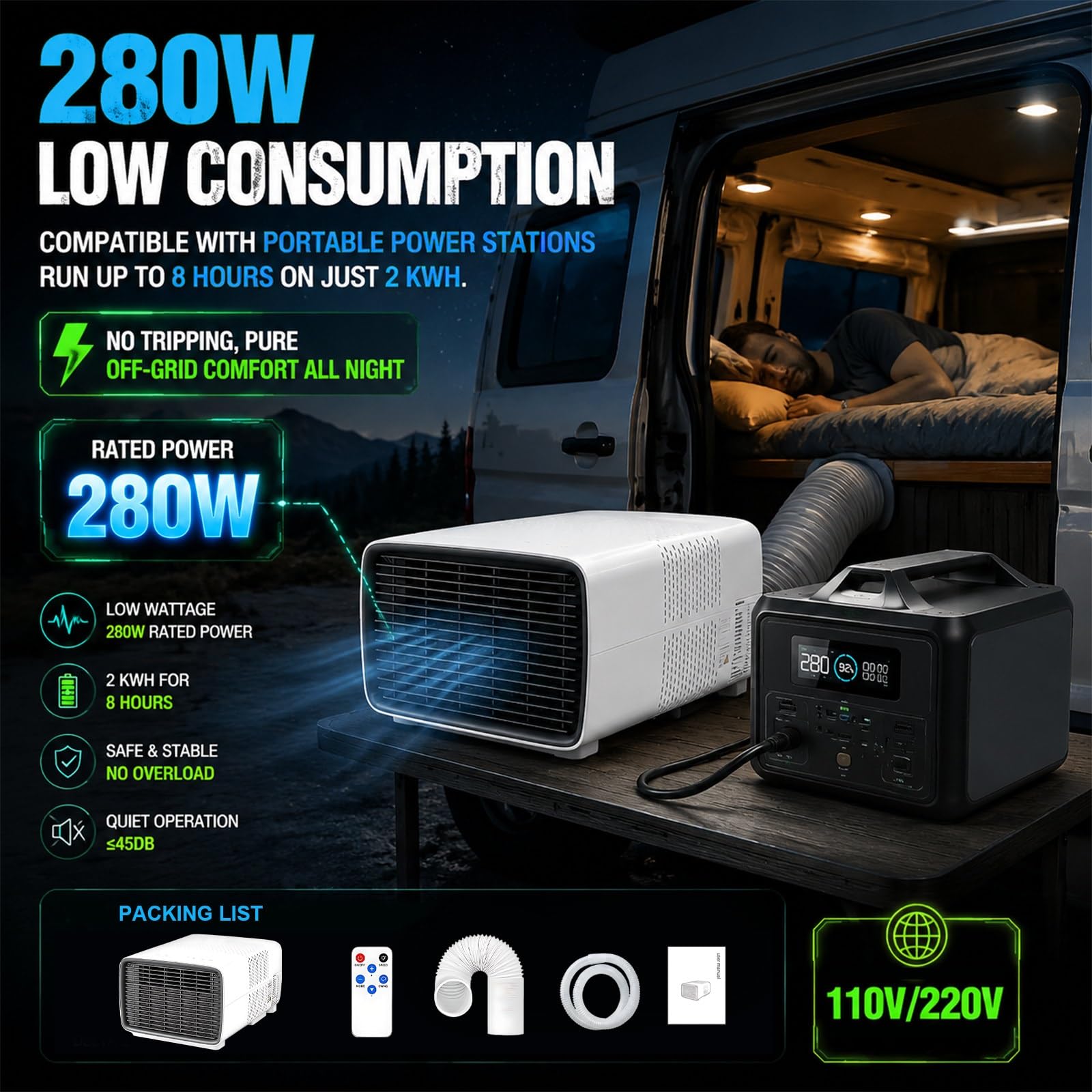 Aire Acondicionado Portátil Camping, 2700 BTU Mini Clima para Tienda de Campaña, Aire Acondicionado con Compresor Real, 280W para Camper, Van & Viaje