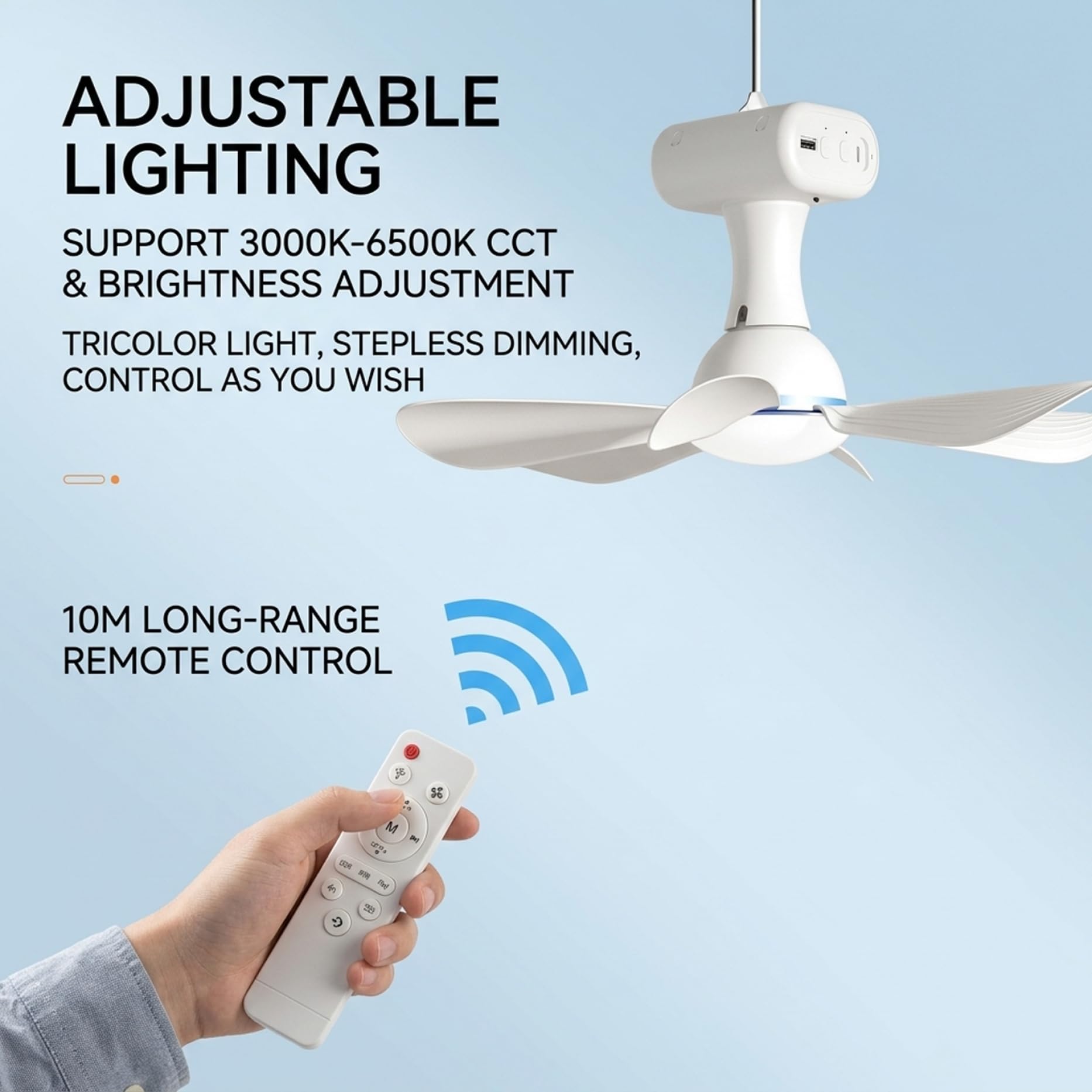 Ventilatore da soffitto solare con telecomando, ventilatore da soffitto portatile con batteria da 6000 mAh, pannello da 6 W per uso interno ed esterno in dormitorio, patio, campeggio, bianco
