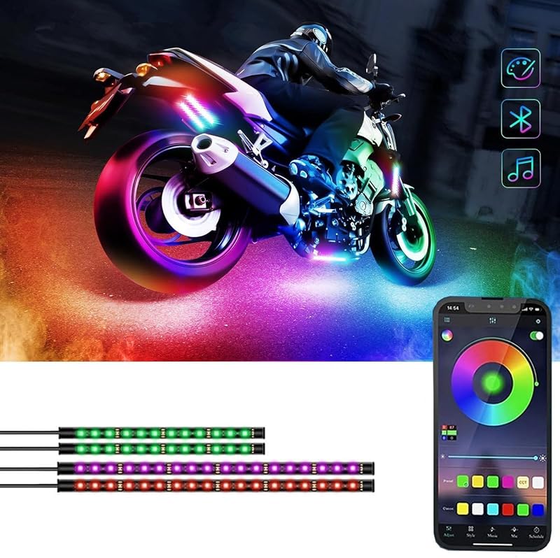 4 Pcs Motorcycle LED Light Kits, App Control Multicolor Waterproof Motorcycle LED Strip Lights, Music Sync & Multiple Scene Modes RGB LED Lights for Motorcycles, DC 12V