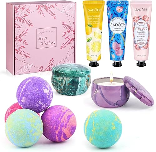 Regalo de bombas de baño, juego de regalo de bomba para mujeres, bombas de baño de burbujas grandes de 5 colores con 2 velas perfumadas, 3 crema de