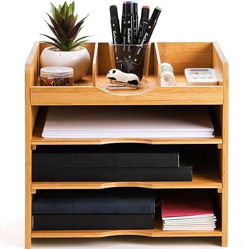 Miniatura 3 de DEAYOU Organizador de archivos de escritorio de bambú, clasificador de bandejas de documentos de 13 pulgadas con 2 estantes ajustables, organizador
