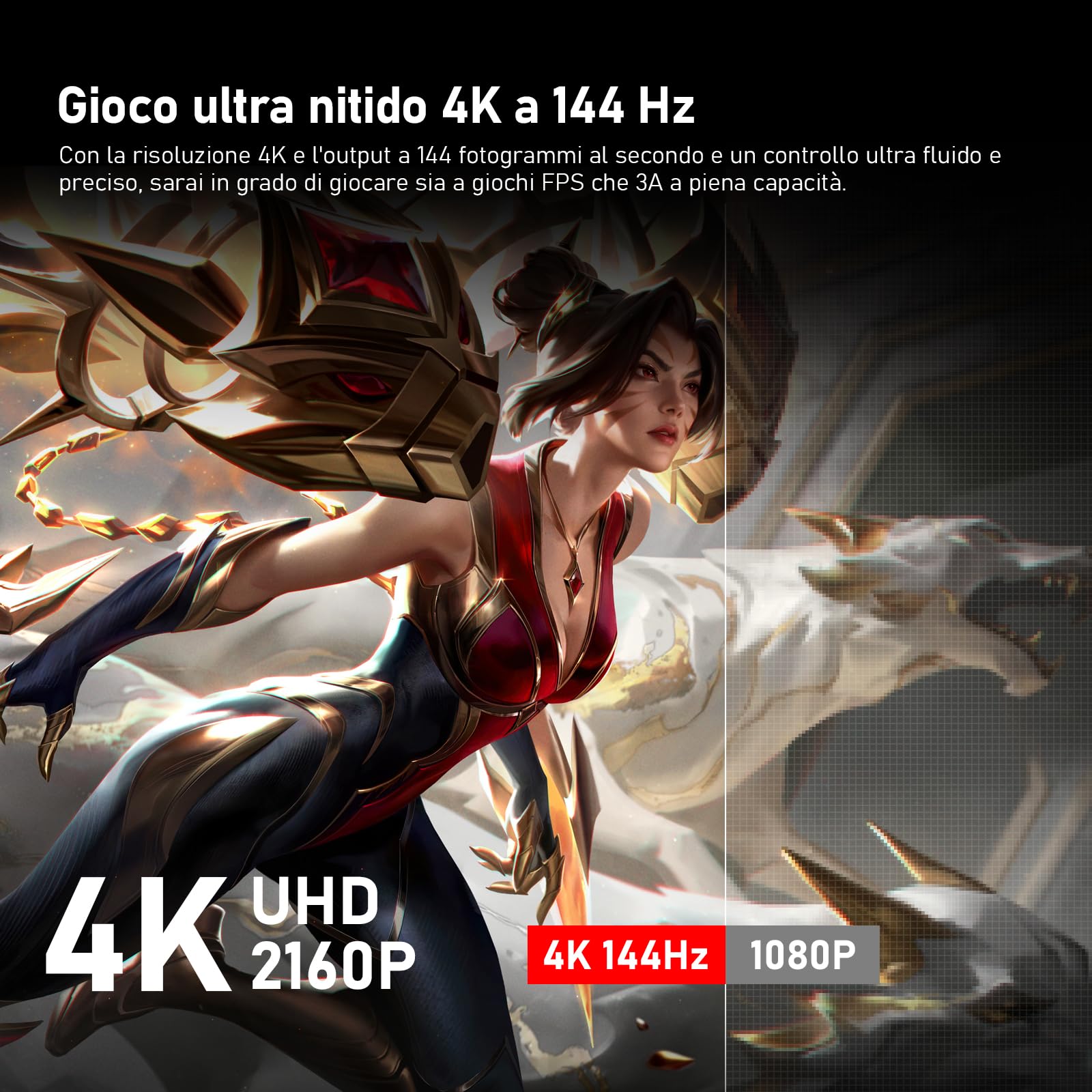 Gawfolk Schermo PC IPS da 27 pollici, Monitor Gaming 4K 144Hz, 1ms, FreeSync, 128% sRGB, Angolo di Visualizzazione 178°, HDMI 2.1, DisplayPort, Regolabile in Altezza e Girevole, VESA75x75MM - Nero