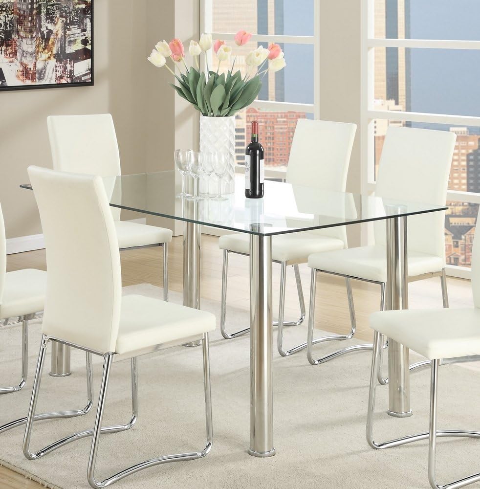 Poundex F2204 Tullia Tempered Glass Top/Stainless Steel Legs Dining Table, Multi